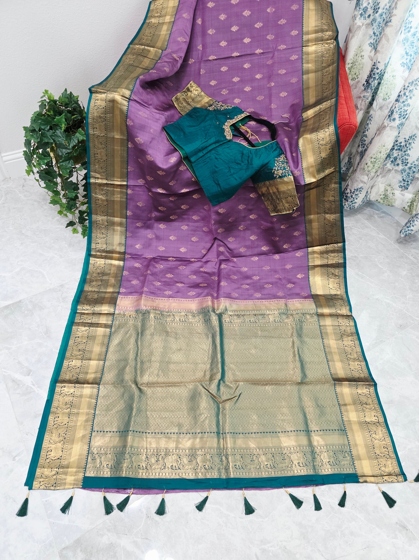 Wisteria Lavender & Peacock Teal Kanchipuram Soft Silk Saree — Gold Zari Elephant Border Butta Weave with Stitched Maggam Work Blouse & Teal Tassel Pallu | VAVS Womens Stop | Size 40–46
