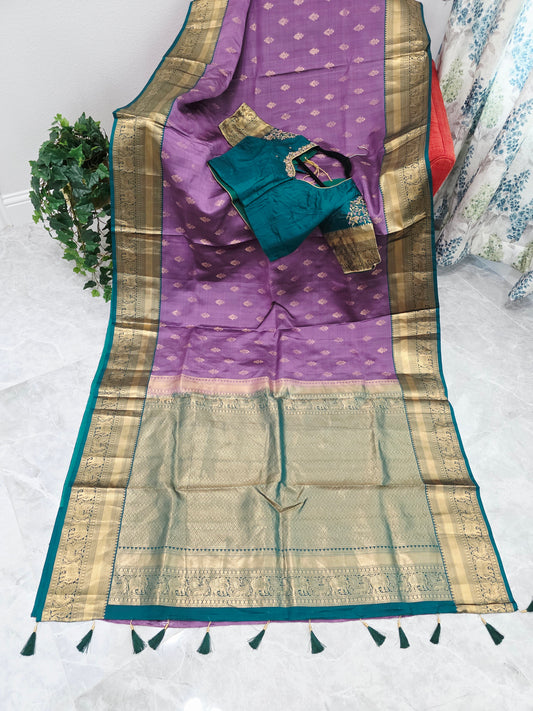 Wisteria Lavender & Peacock Teal Kanchipuram Soft Silk Saree — Gold Zari Elephant Border Butta Weave with Stitched Maggam Work Blouse & Teal Tassel Pallu | VAVS Womens Stop | Size 40–46