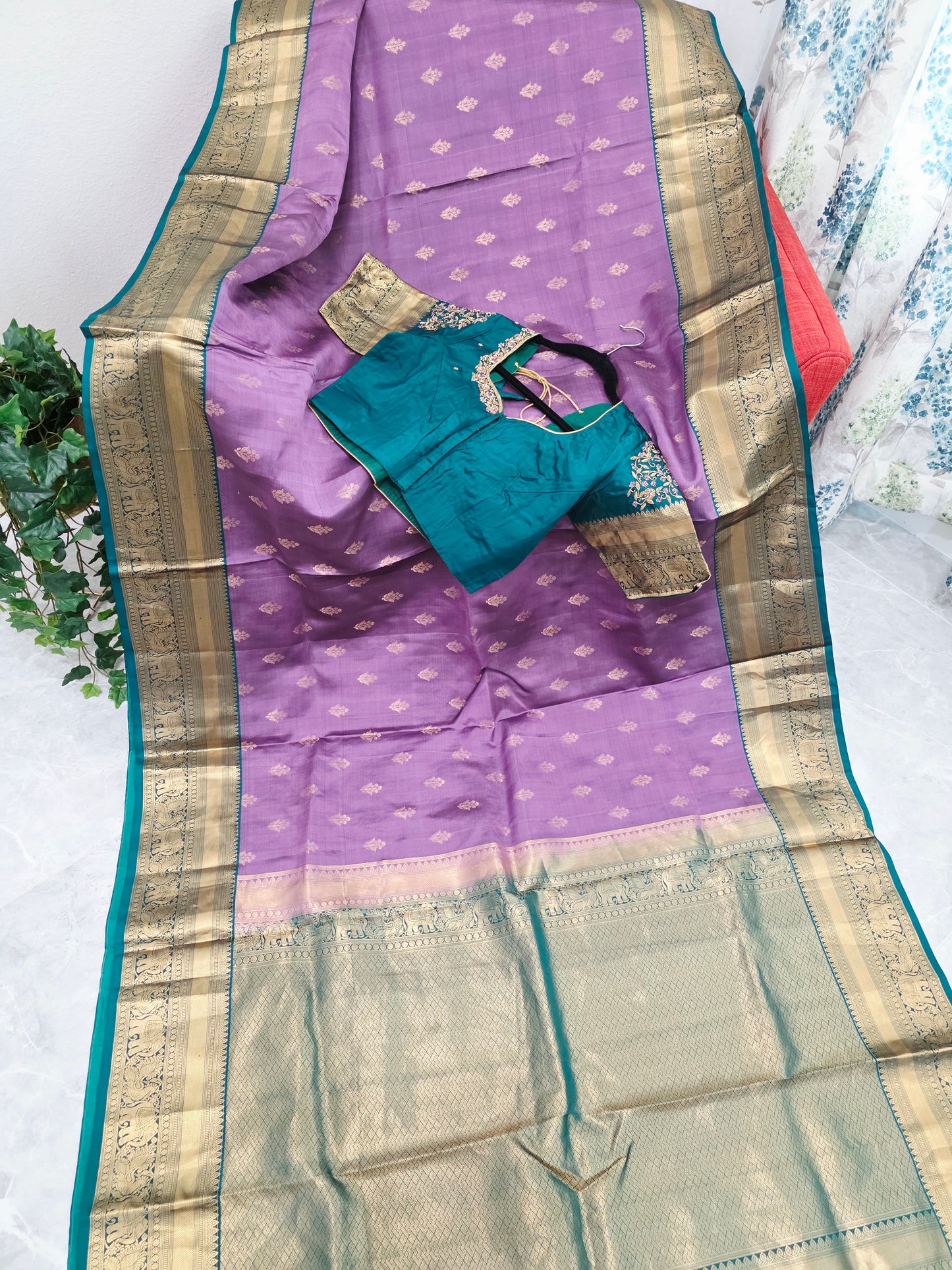 Wisteria Lavender & Peacock Teal Kanchipuram Soft Silk Saree — Gold Zari Elephant Border Butta Weave with Stitched Maggam Work Blouse & Teal Tassel Pallu | VAVS Womens Stop | Size 40–46