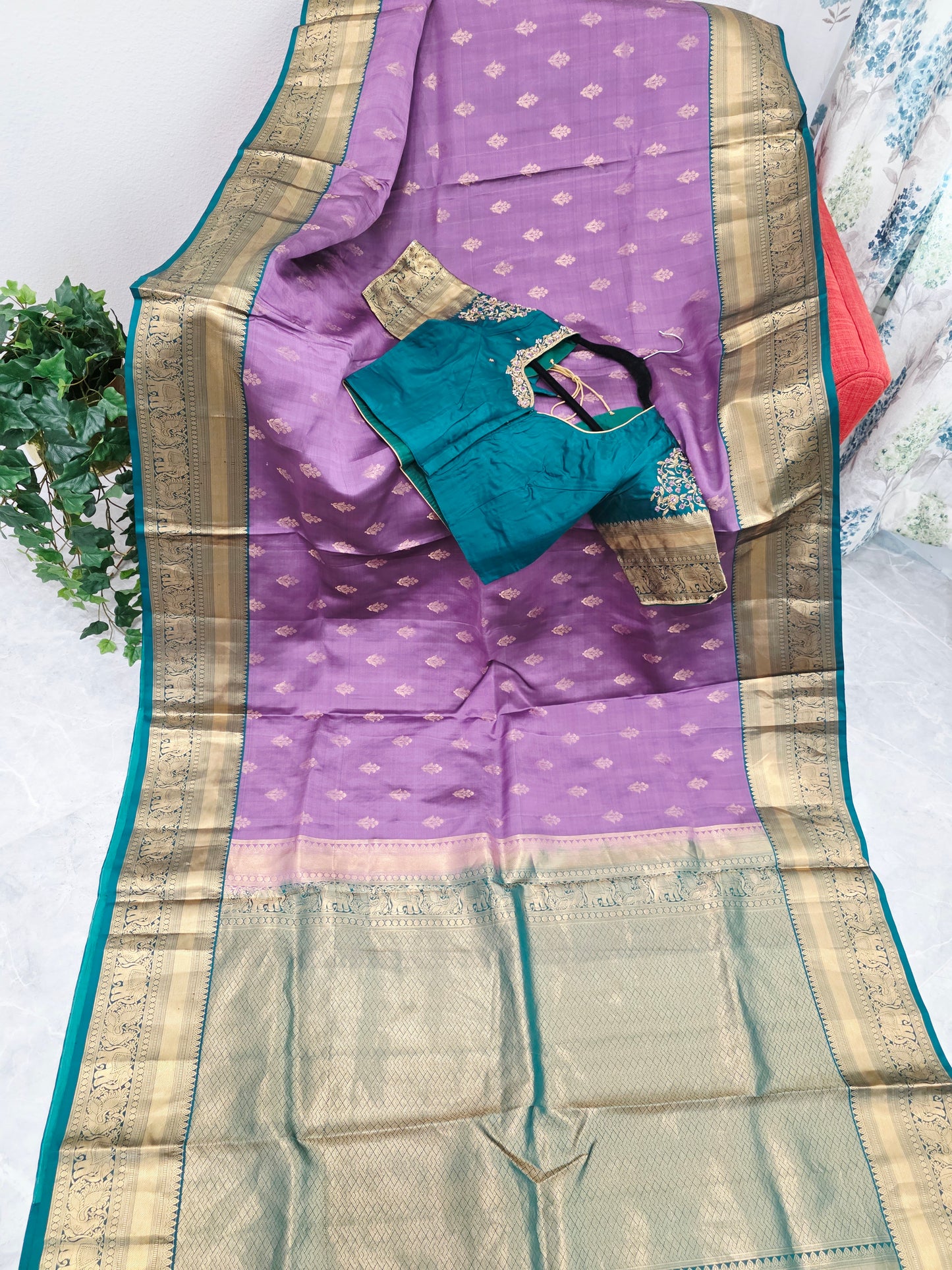 Wisteria Lavender & Peacock Teal Kanchipuram Soft Silk Saree — Gold Zari Elephant Border Butta Weave with Stitched Maggam Work Blouse & Teal Tassel Pallu | VAVS Womens Stop | Size 40–46