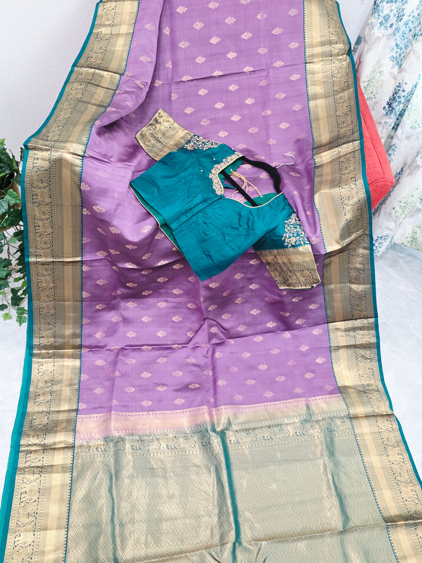Wisteria Lavender & Peacock Teal Kanchipuram Soft Silk Saree — Gold Zari Elephant Border Butta Weave with Stitched Maggam Work Blouse & Teal Tassel Pallu | VAVS Womens Stop | Size 40–46