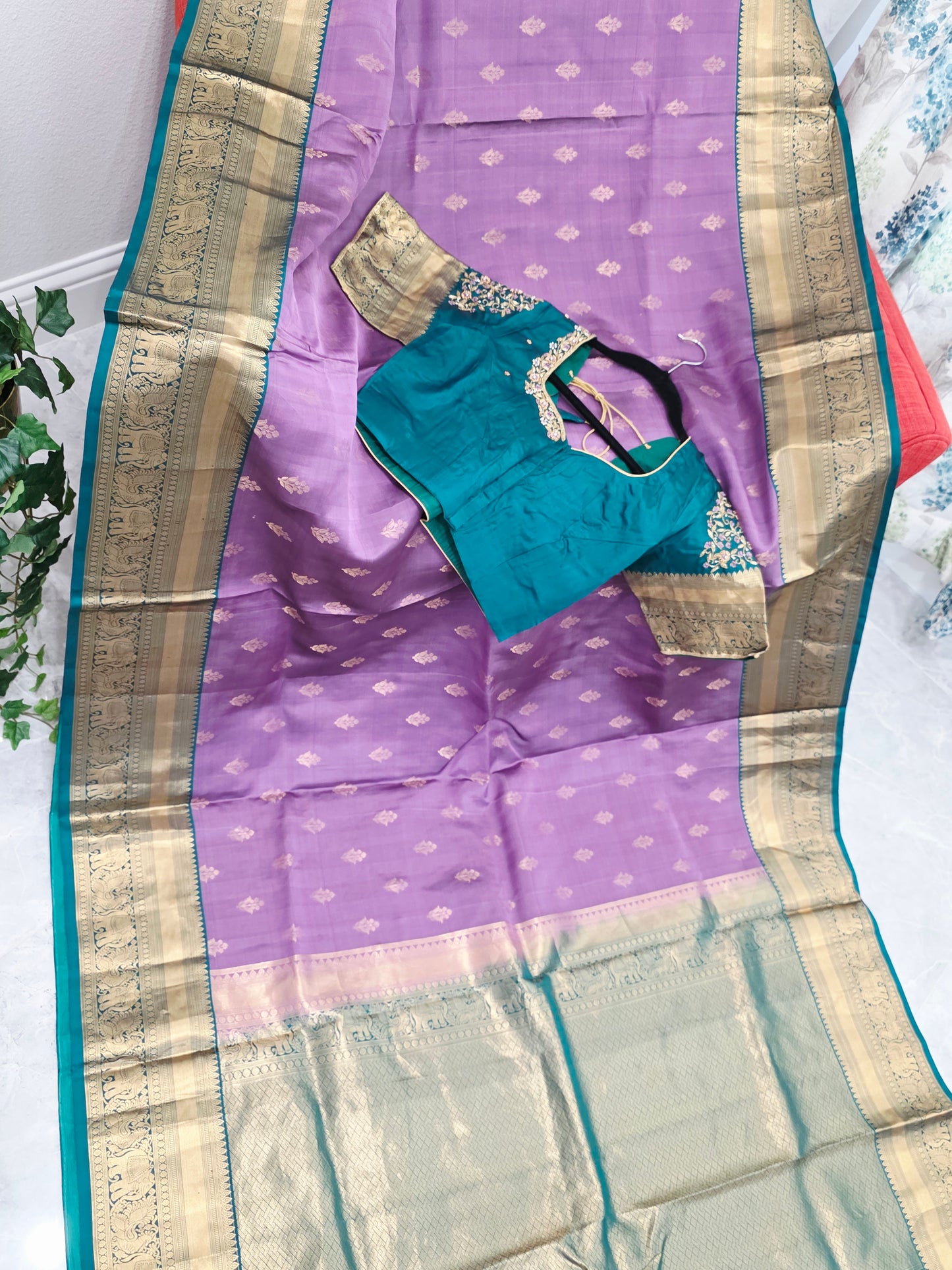 Wisteria Lavender & Peacock Teal Kanchipuram Soft Silk Saree — Gold Zari Elephant Border Butta Weave with Stitched Maggam Work Blouse & Teal Tassel Pallu | VAVS Womens Stop | Size 40–46