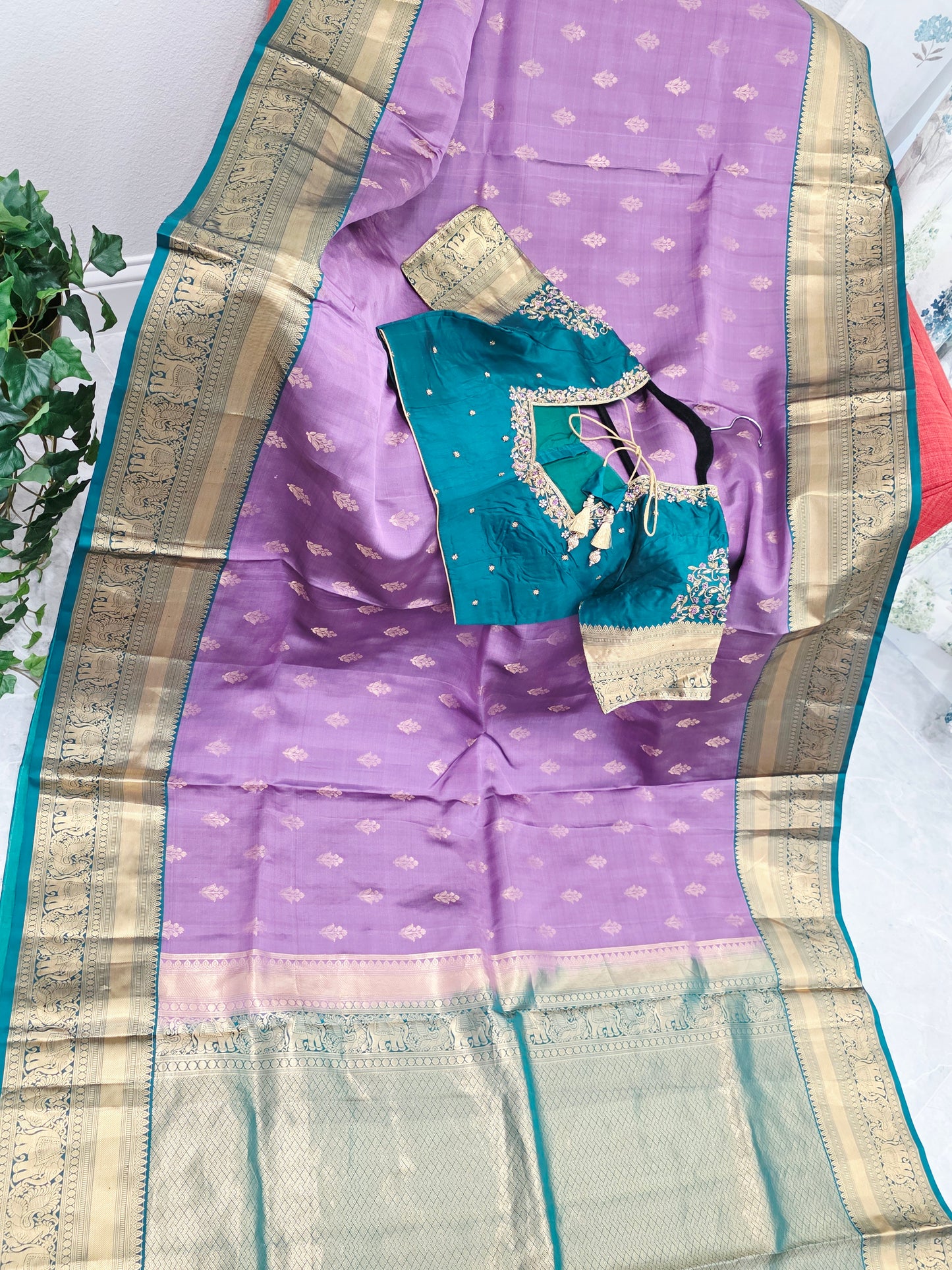 Wisteria Lavender & Peacock Teal Kanchipuram Soft Silk Saree — Gold Zari Elephant Border Butta Weave with Stitched Maggam Work Blouse & Teal Tassel Pallu | VAVS Womens Stop | Size 40–46