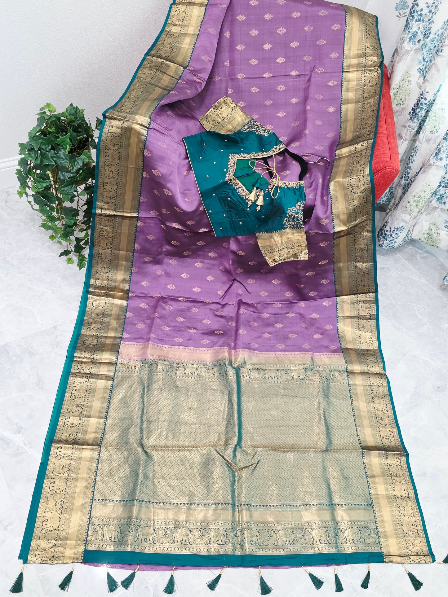 Wisteria Lavender & Peacock Teal Kanchipuram Soft Silk Saree — Gold Zari Elephant Border Butta Weave with Stitched Maggam Work Blouse & Teal Tassel Pallu | VAVS Womens Stop | Size 40–46