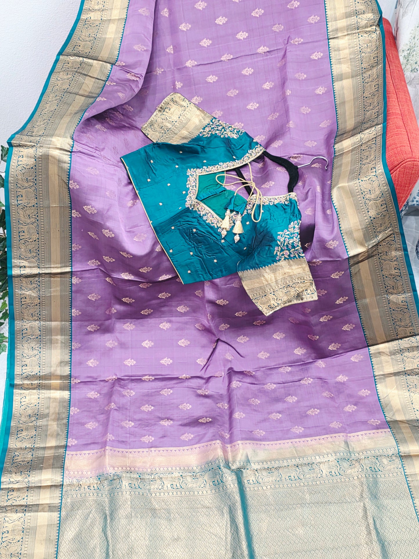 Wisteria Lavender & Peacock Teal Kanchipuram Soft Silk Saree — Gold Zari Elephant Border Butta Weave with Stitched Maggam Work Blouse & Teal Tassel Pallu | VAVS Womens Stop | Size 40–46