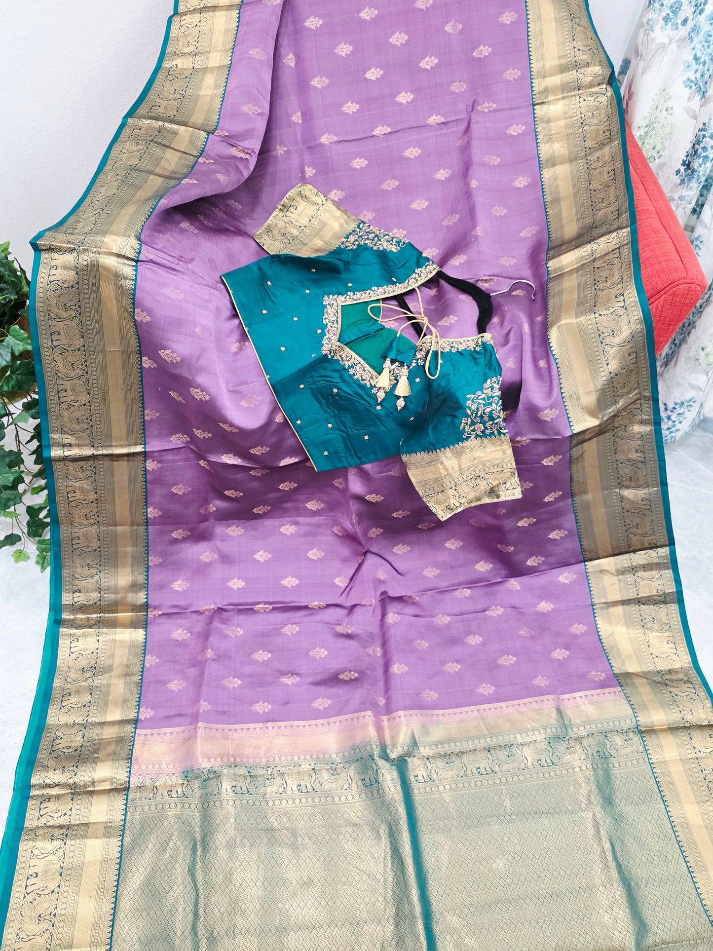 Wisteria Lavender & Peacock Teal Kanchipuram Soft Silk Saree — Gold Zari Elephant Border Butta Weave with Stitched Maggam Work Blouse & Teal Tassel Pallu | VAVS Womens Stop | Size 40–46