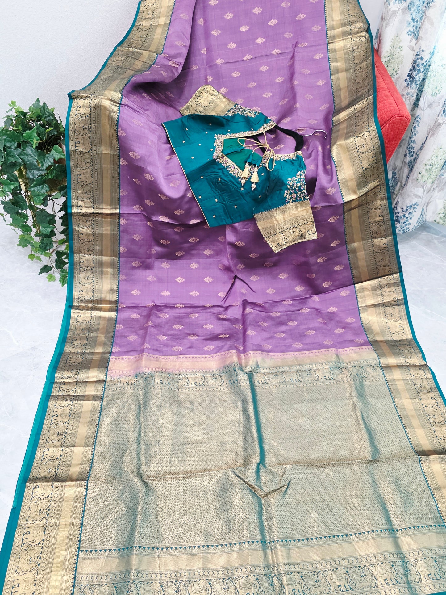 Wisteria Lavender & Peacock Teal Kanchipuram Soft Silk Saree — Gold Zari Elephant Border Butta Weave with Stitched Maggam Work Blouse & Teal Tassel Pallu | VAVS Womens Stop | Size 40–46