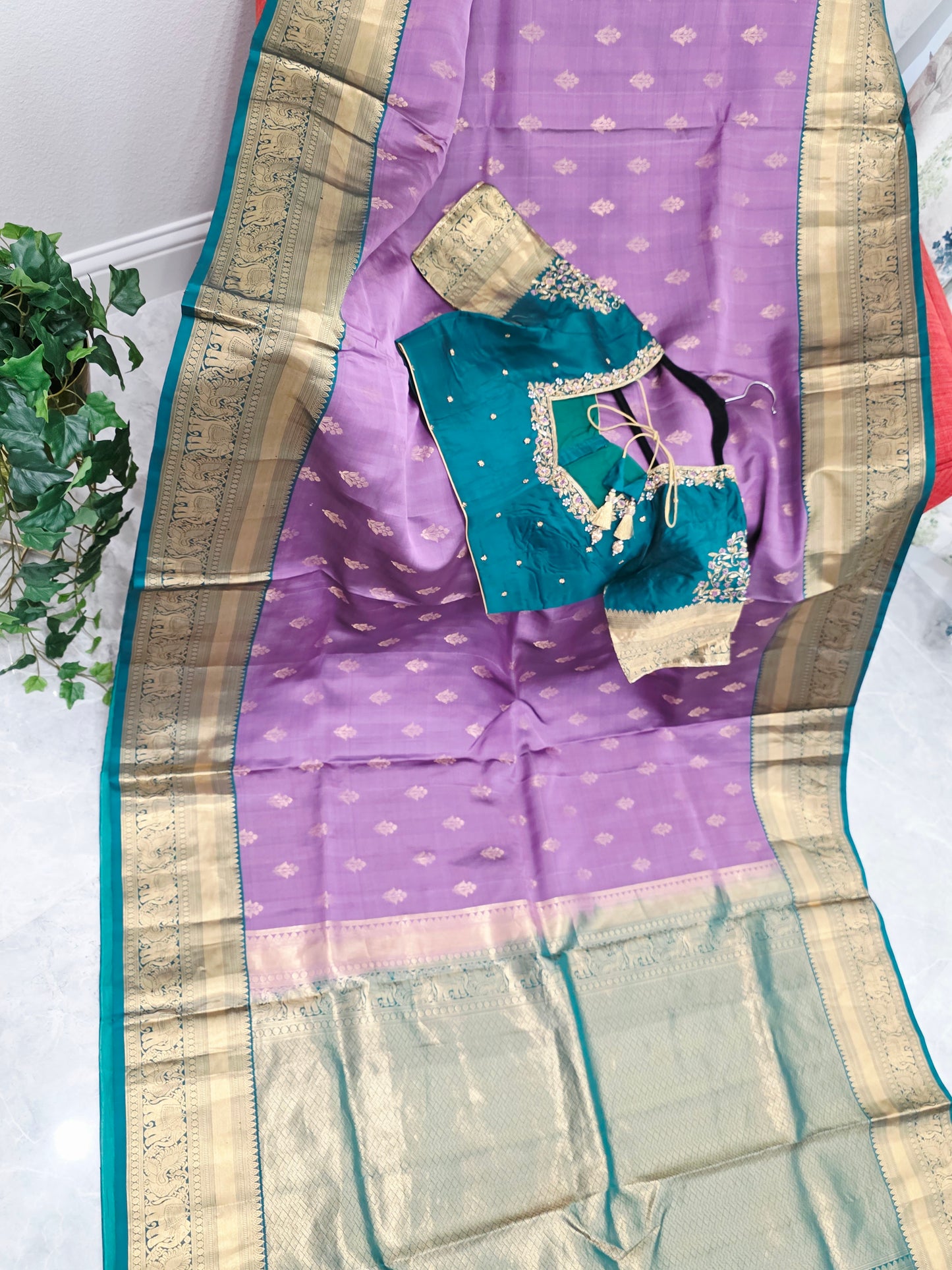 Wisteria Lavender & Peacock Teal Kanchipuram Soft Silk Saree — Gold Zari Elephant Border Butta Weave with Stitched Maggam Work Blouse & Teal Tassel Pallu | VAVS Womens Stop | Size 40–46