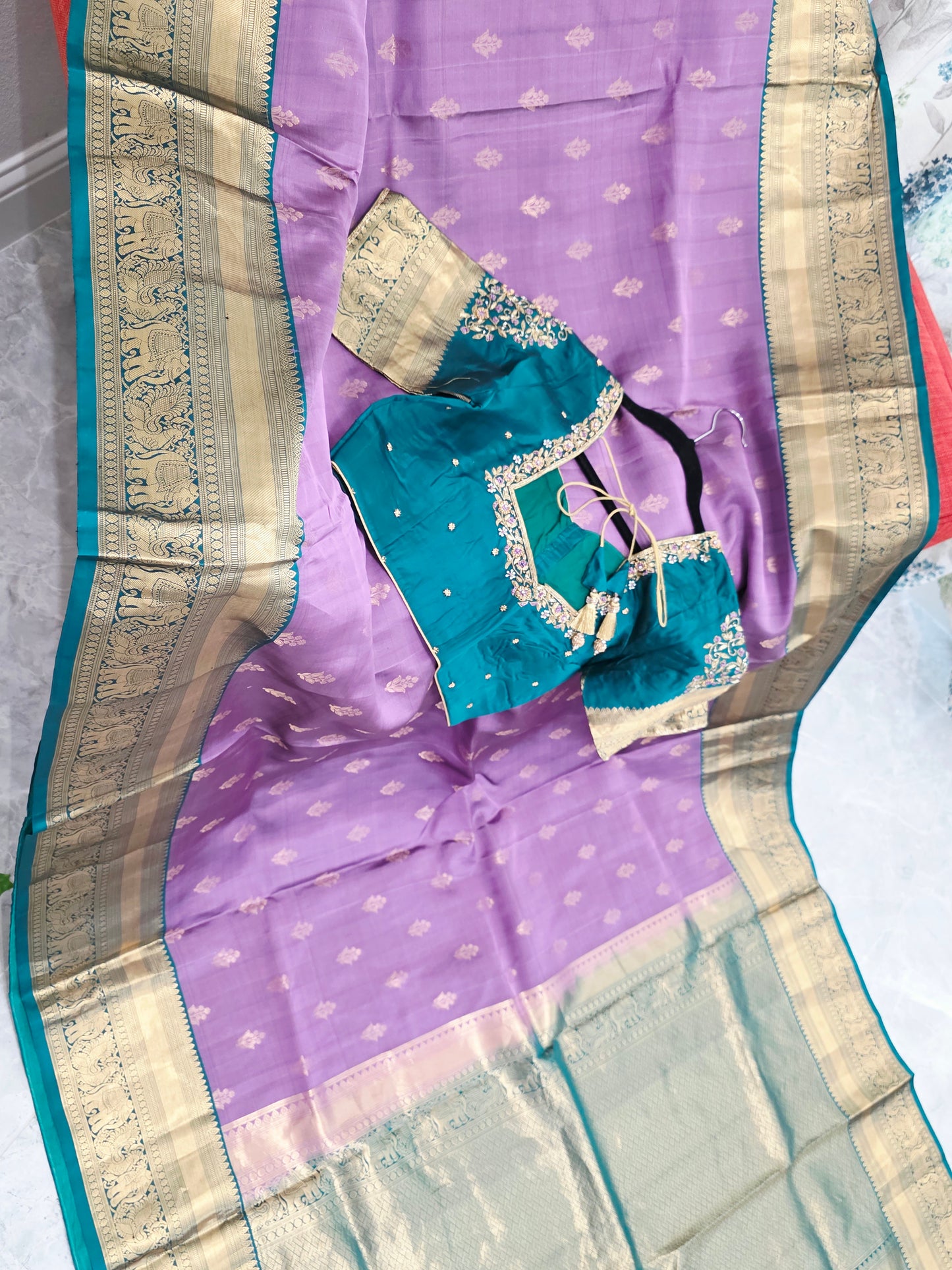 Wisteria Lavender & Peacock Teal Kanchipuram Soft Silk Saree — Gold Zari Elephant Border Butta Weave with Stitched Maggam Work Blouse & Teal Tassel Pallu | VAVS Womens Stop | Size 40–46