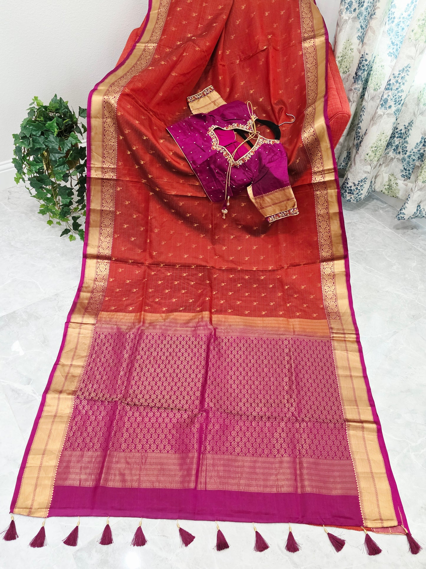 Rust Orange & Jewel Magenta Kanchipuram Soft Silk Saree — Small Checks & Deer Butta Weave with Stitched Maggam Work Blouse & Magenta Tassel Pallu
