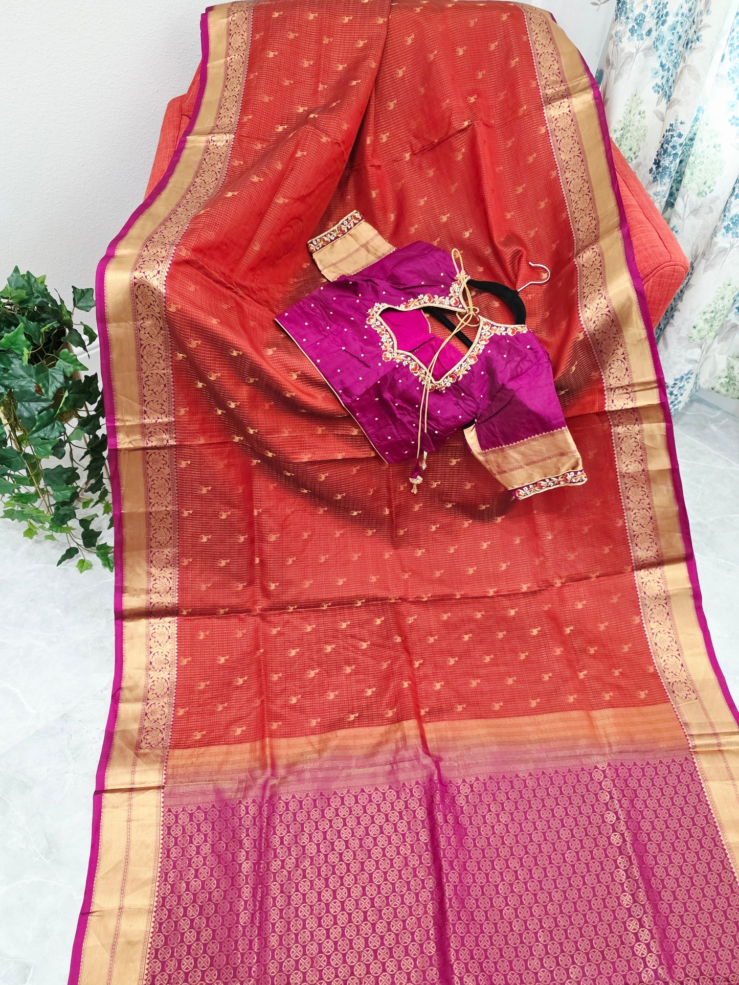Rust Orange & Jewel Magenta Kanchipuram Soft Silk Saree — Small Checks & Deer Butta Weave with Stitched Maggam Work Blouse & Magenta Tassel Pallu