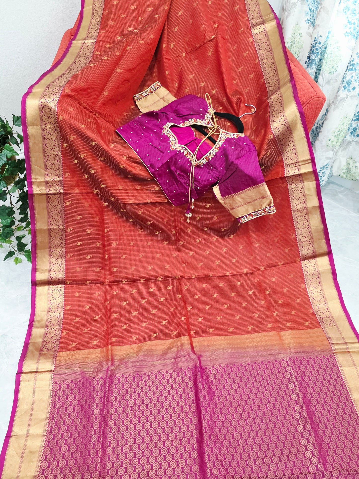 Rust Orange & Jewel Magenta Kanchipuram Soft Silk Saree — Small Checks & Deer Butta Weave with Stitched Maggam Work Blouse & Magenta Tassel Pallu