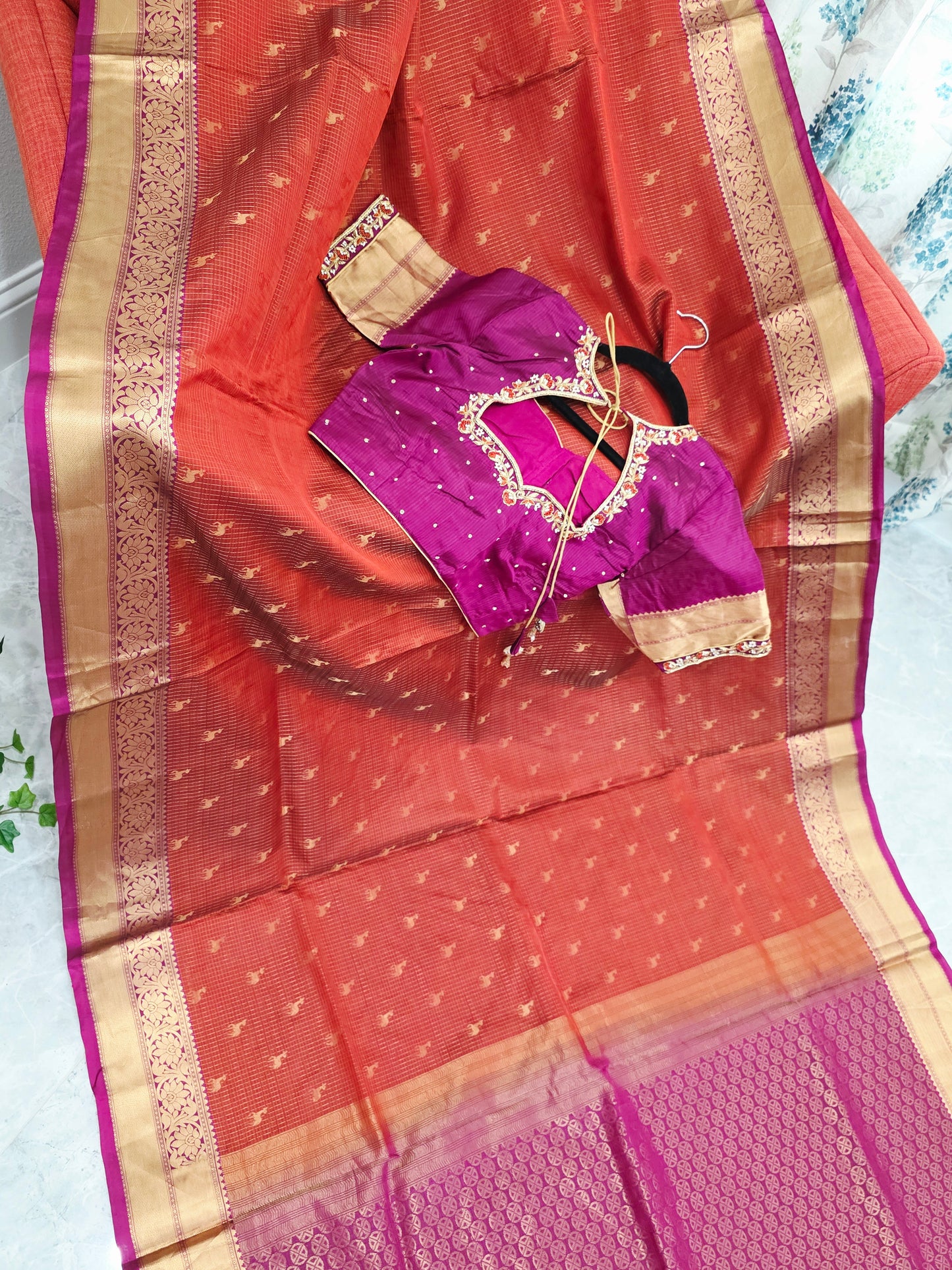 Rust Orange & Jewel Magenta Kanchipuram Soft Silk Saree — Small Checks & Deer Butta Weave with Stitched Maggam Work Blouse & Magenta Tassel Pallu