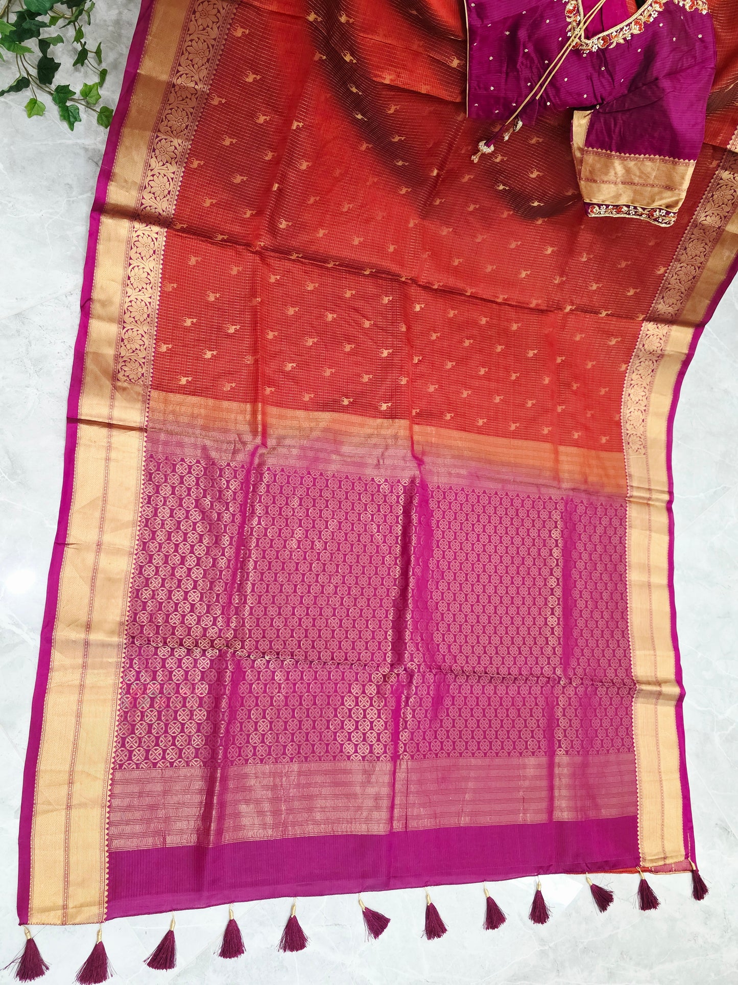 Rust Orange & Jewel Magenta Kanchipuram Soft Silk Saree — Small Checks & Deer Butta Weave with Stitched Maggam Work Blouse & Magenta Tassel Pallu