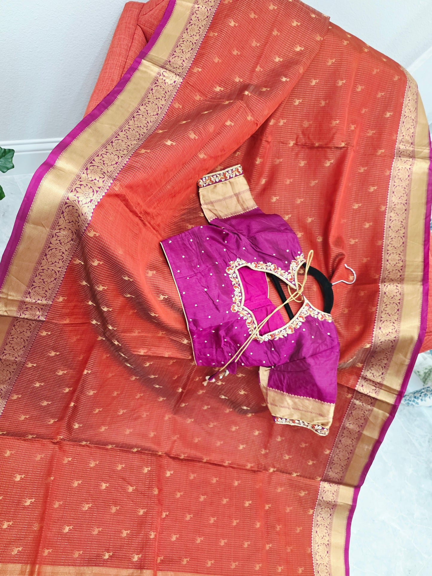 Rust Orange & Jewel Magenta Kanchipuram Soft Silk Saree — Small Checks & Deer Butta Weave with Stitched Maggam Work Blouse & Magenta Tassel Pallu