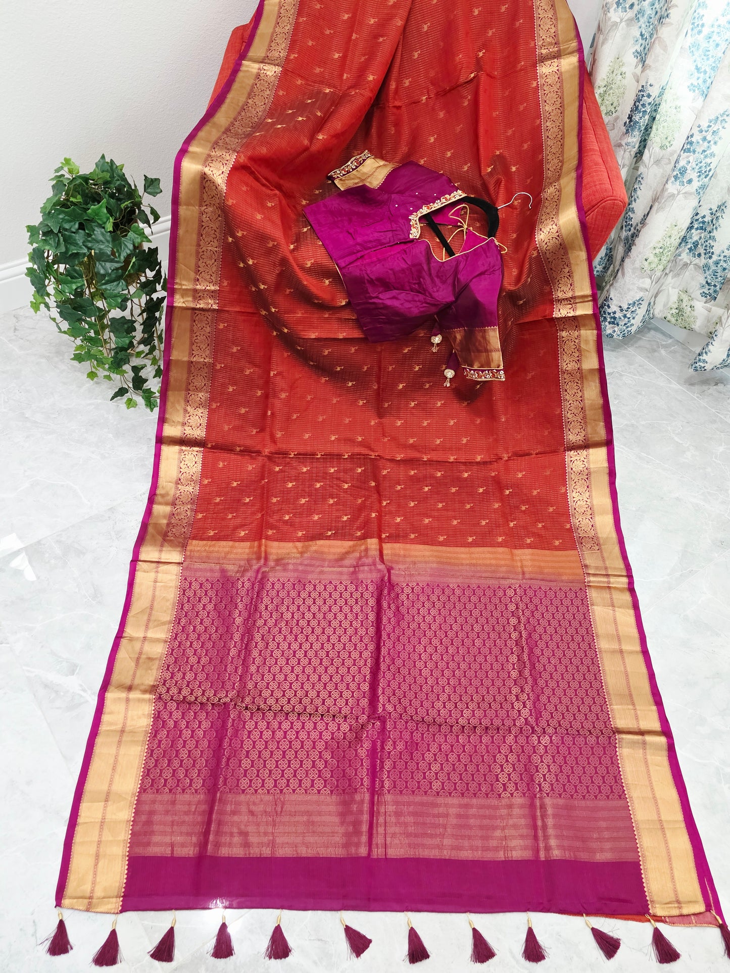 Rust Orange & Jewel Magenta Kanchipuram Soft Silk Saree — Small Checks & Deer Butta Weave with Stitched Maggam Work Blouse & Magenta Tassel Pallu