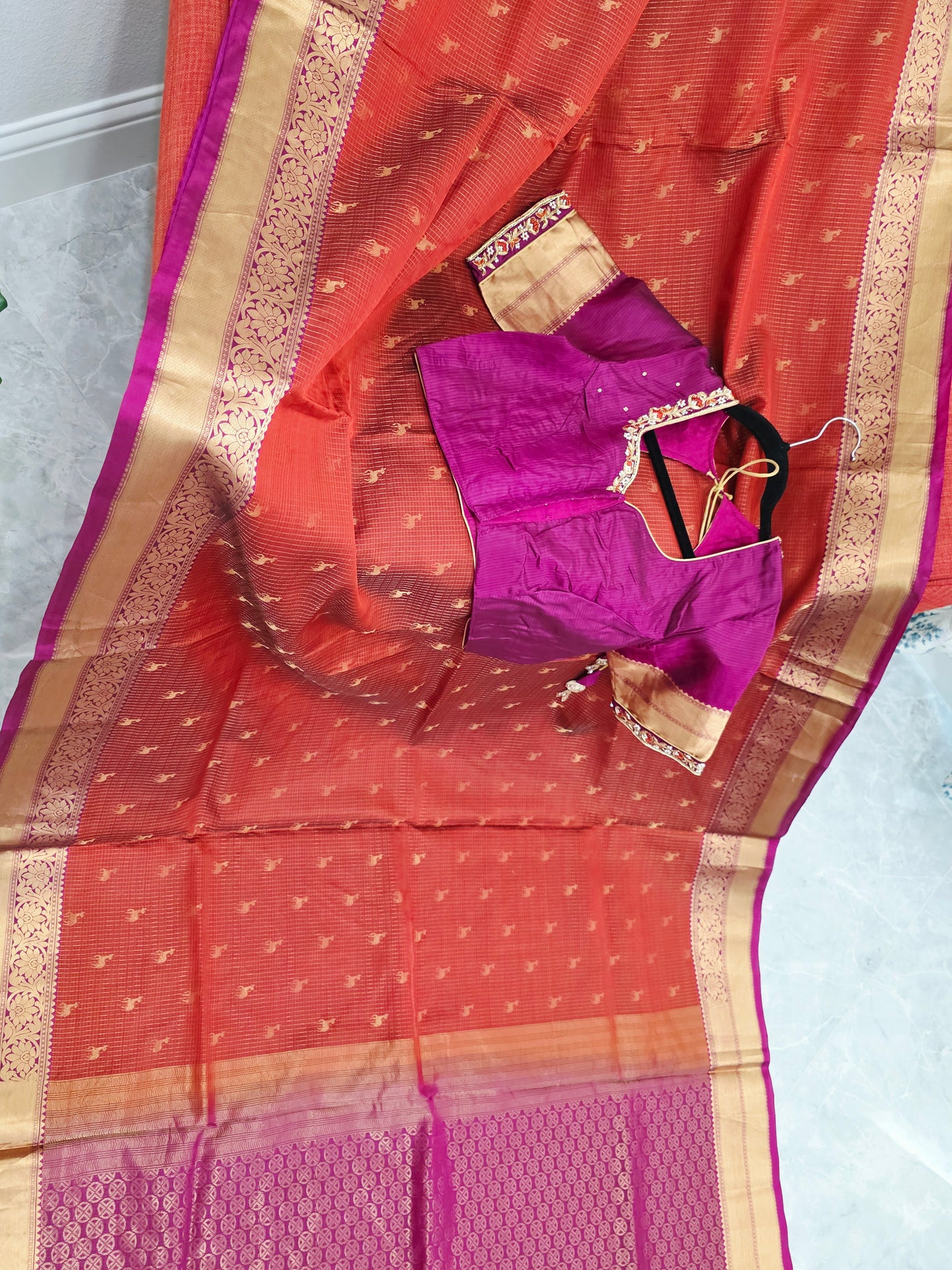 Rust Orange & Jewel Magenta Kanchipuram Soft Silk Saree — Small Checks & Deer Butta Weave with Stitched Maggam Work Blouse & Magenta Tassel Pallu