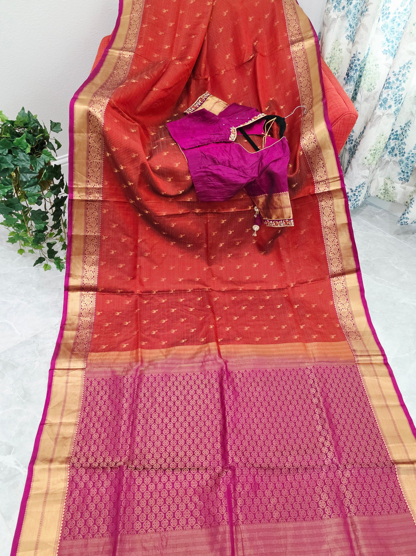 Rust Orange & Jewel Magenta Kanchipuram Soft Silk Saree — Small Checks & Deer Butta Weave with Stitched Maggam Work Blouse & Magenta Tassel Pallu