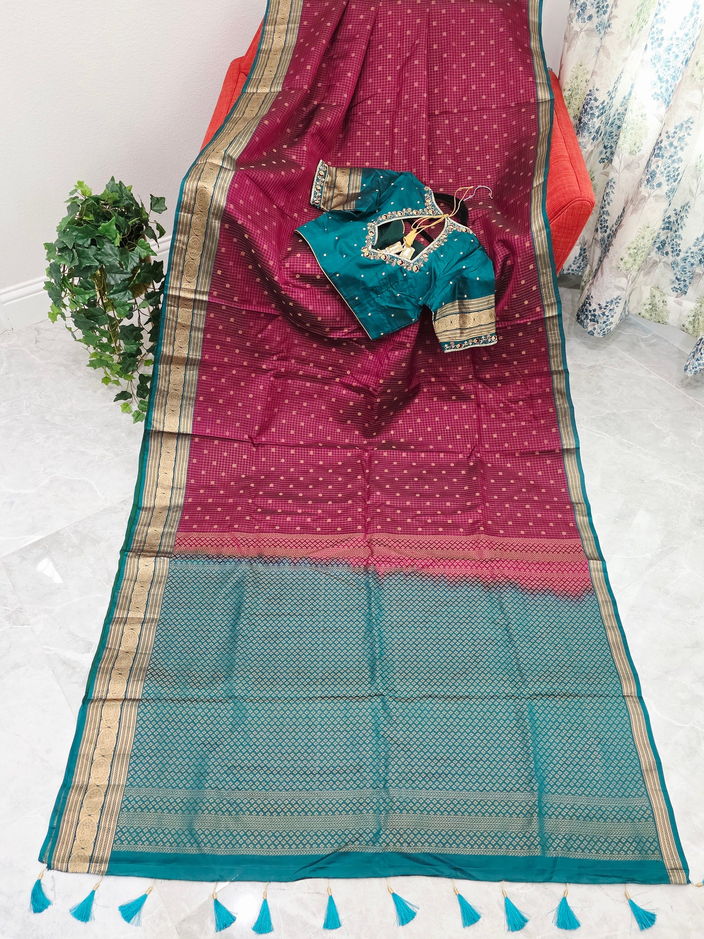 Deep Magenta & Peacock Teal Kanchipuram Soft Silk Saree — Small Checks & Peacock Butta Weave with Stitched Maggam Work Blouse & Teal Tassel Pallu