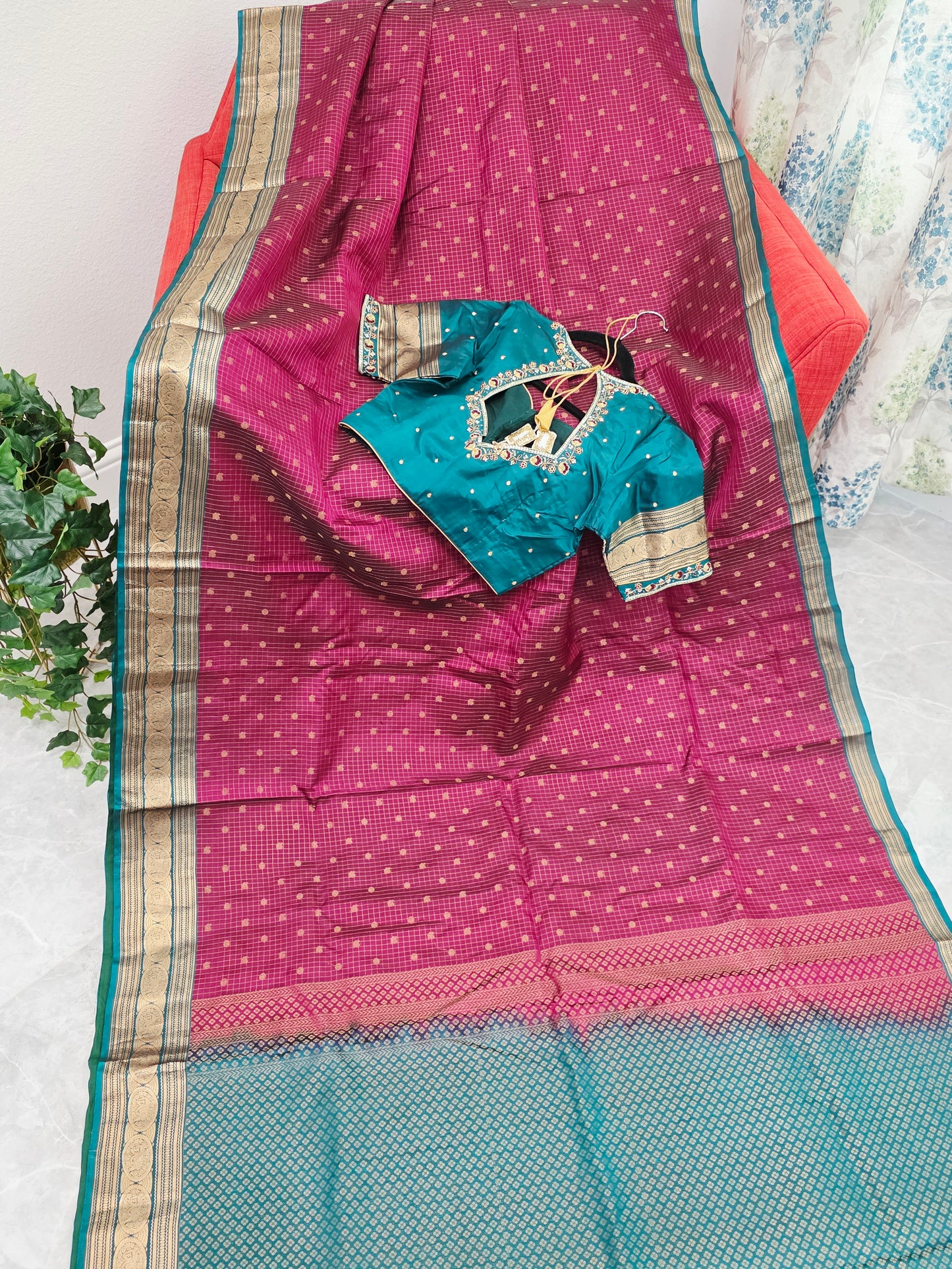 Deep Magenta & Peacock Teal Kanchipuram Soft Silk Saree — Small Checks & Peacock Butta Weave with Stitched Maggam Work Blouse & Teal Tassel Pallu