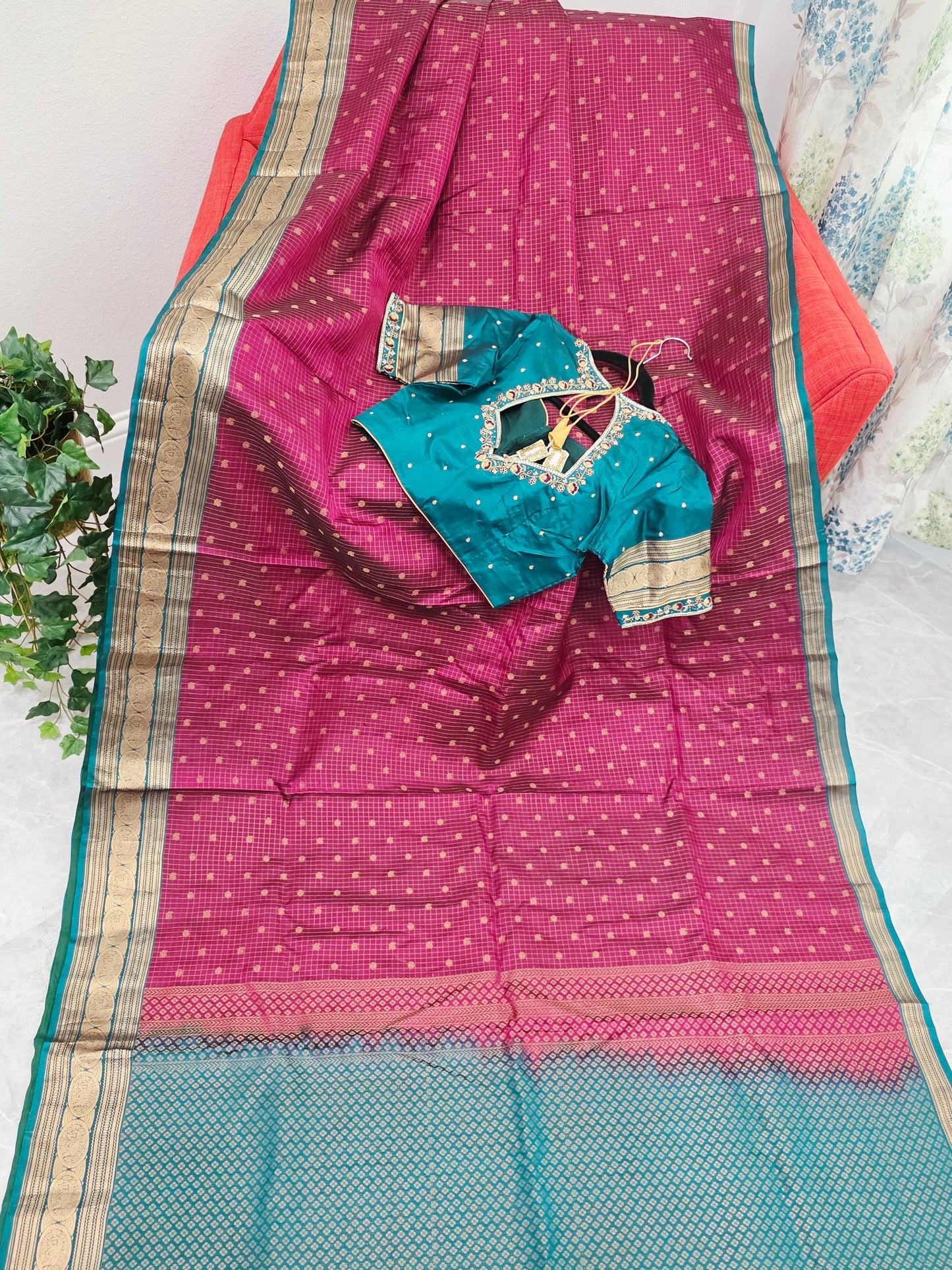 Deep Magenta & Peacock Teal Kanchipuram Soft Silk Saree — Small Checks & Peacock Butta Weave with Stitched Maggam Work Blouse & Teal Tassel Pallu