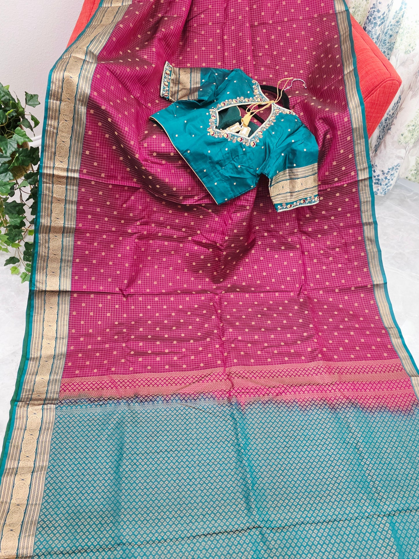 Deep Magenta & Peacock Teal Kanchipuram Soft Silk Saree — Small Checks & Peacock Butta Weave with Stitched Maggam Work Blouse & Teal Tassel Pallu