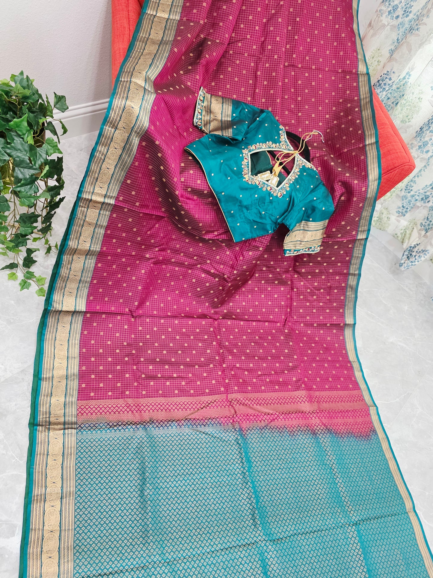 Deep Magenta & Peacock Teal Kanchipuram Soft Silk Saree — Small Checks & Peacock Butta Weave with Stitched Maggam Work Blouse & Teal Tassel Pallu
