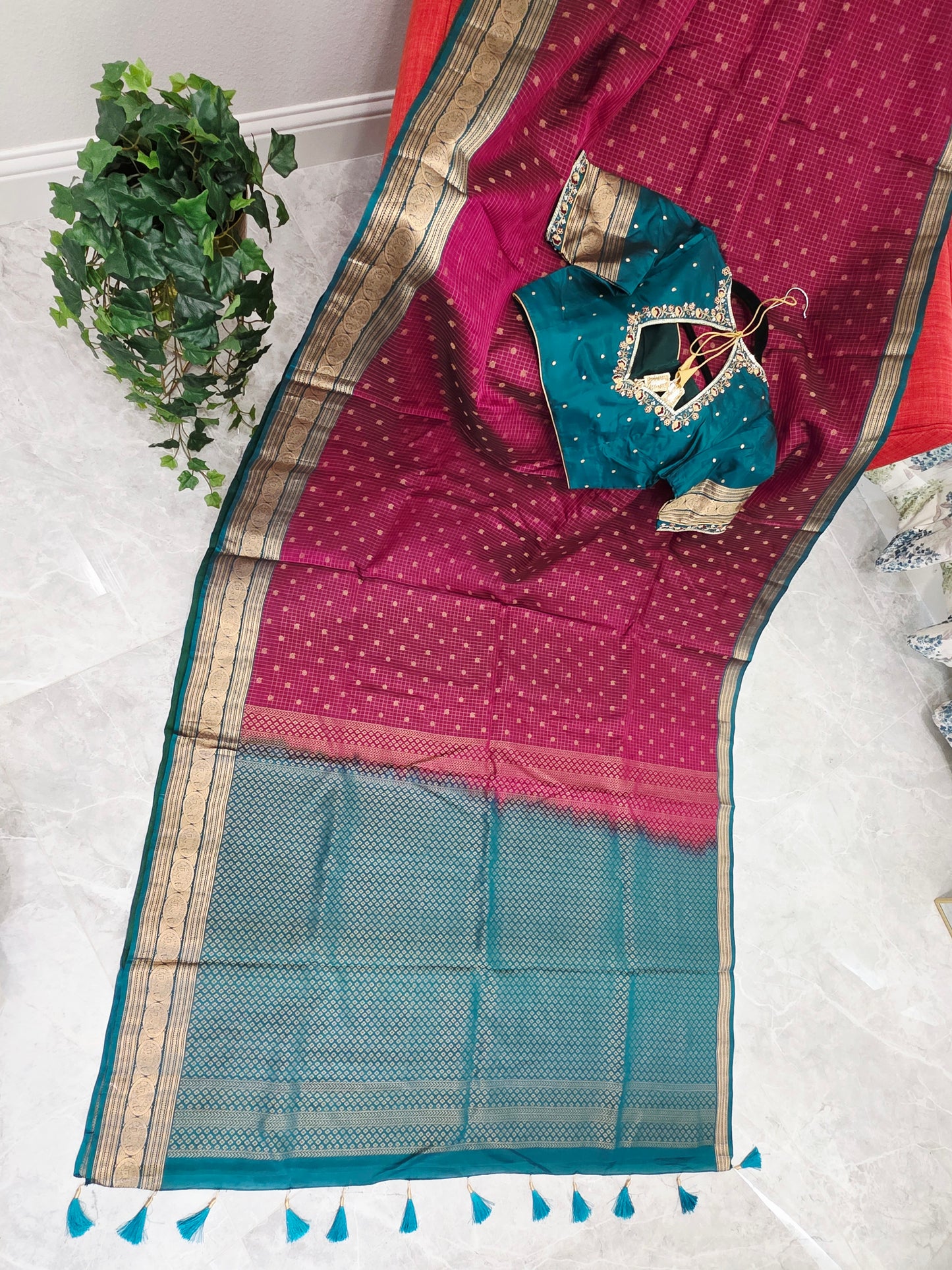 Deep Magenta & Peacock Teal Kanchipuram Soft Silk Saree — Small Checks & Peacock Butta Weave with Stitched Maggam Work Blouse & Teal Tassel Pallu