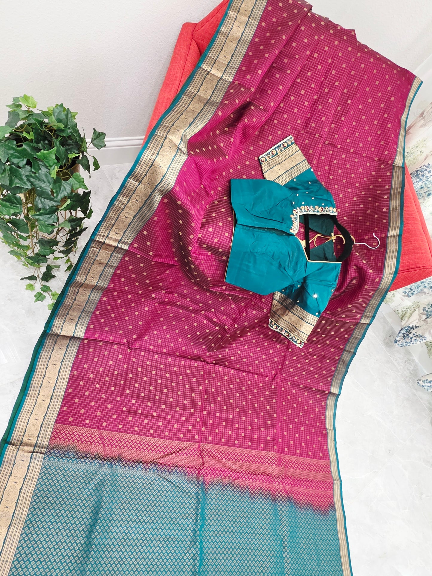 Deep Magenta & Peacock Teal Kanchipuram Soft Silk Saree — Small Checks & Peacock Butta Weave with Stitched Maggam Work Blouse & Teal Tassel Pallu