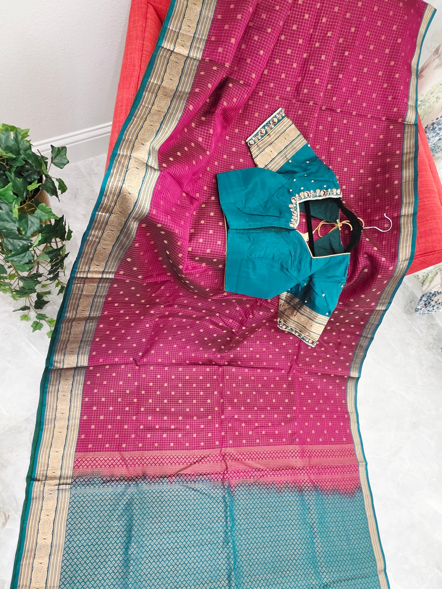 Deep Magenta & Peacock Teal Kanchipuram Soft Silk Saree — Small Checks & Peacock Butta Weave with Stitched Maggam Work Blouse & Teal Tassel Pallu