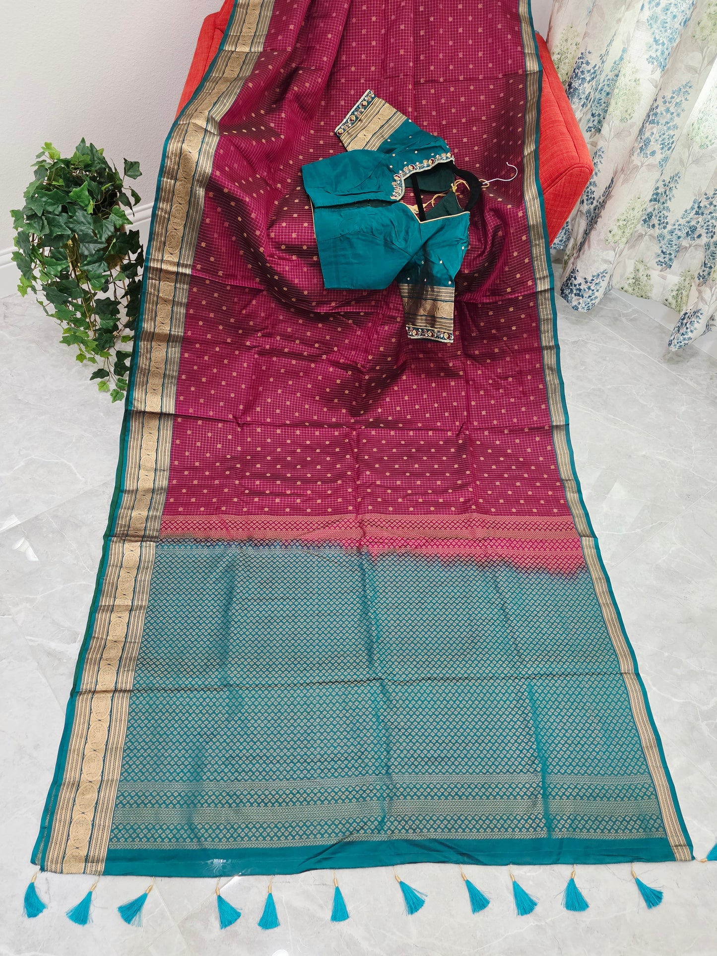 Deep Magenta & Peacock Teal Kanchipuram Soft Silk Saree — Small Checks & Peacock Butta Weave with Stitched Maggam Work Blouse & Teal Tassel Pallu