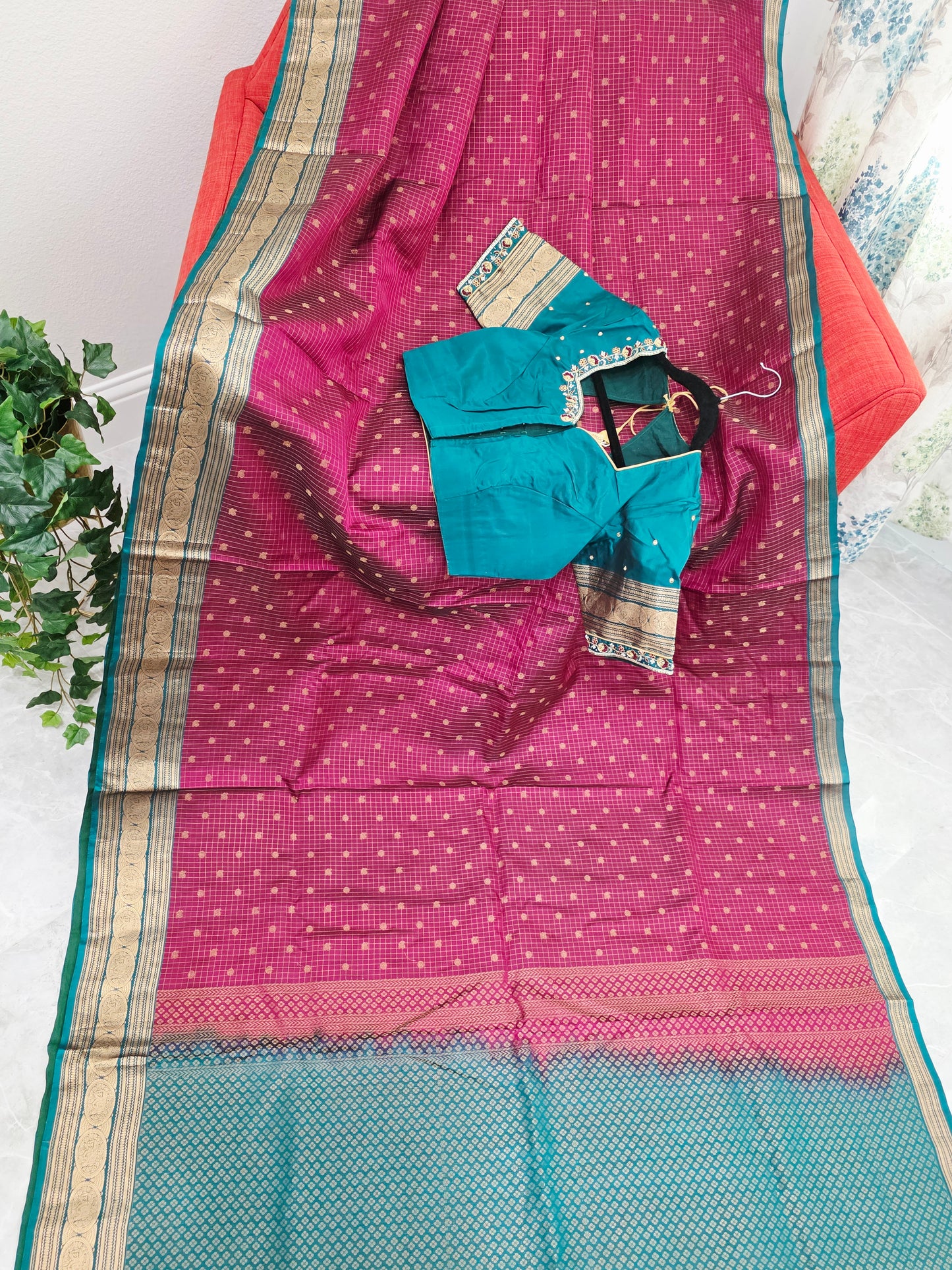 Deep Magenta & Peacock Teal Kanchipuram Soft Silk Saree — Small Checks & Peacock Butta Weave with Stitched Maggam Work Blouse & Teal Tassel Pallu