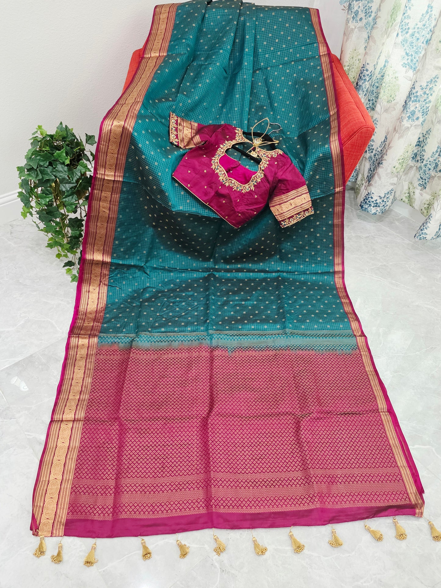 Teal Green Kanchi Soft Silk Saree with Magenta Border & Maggam Blouse