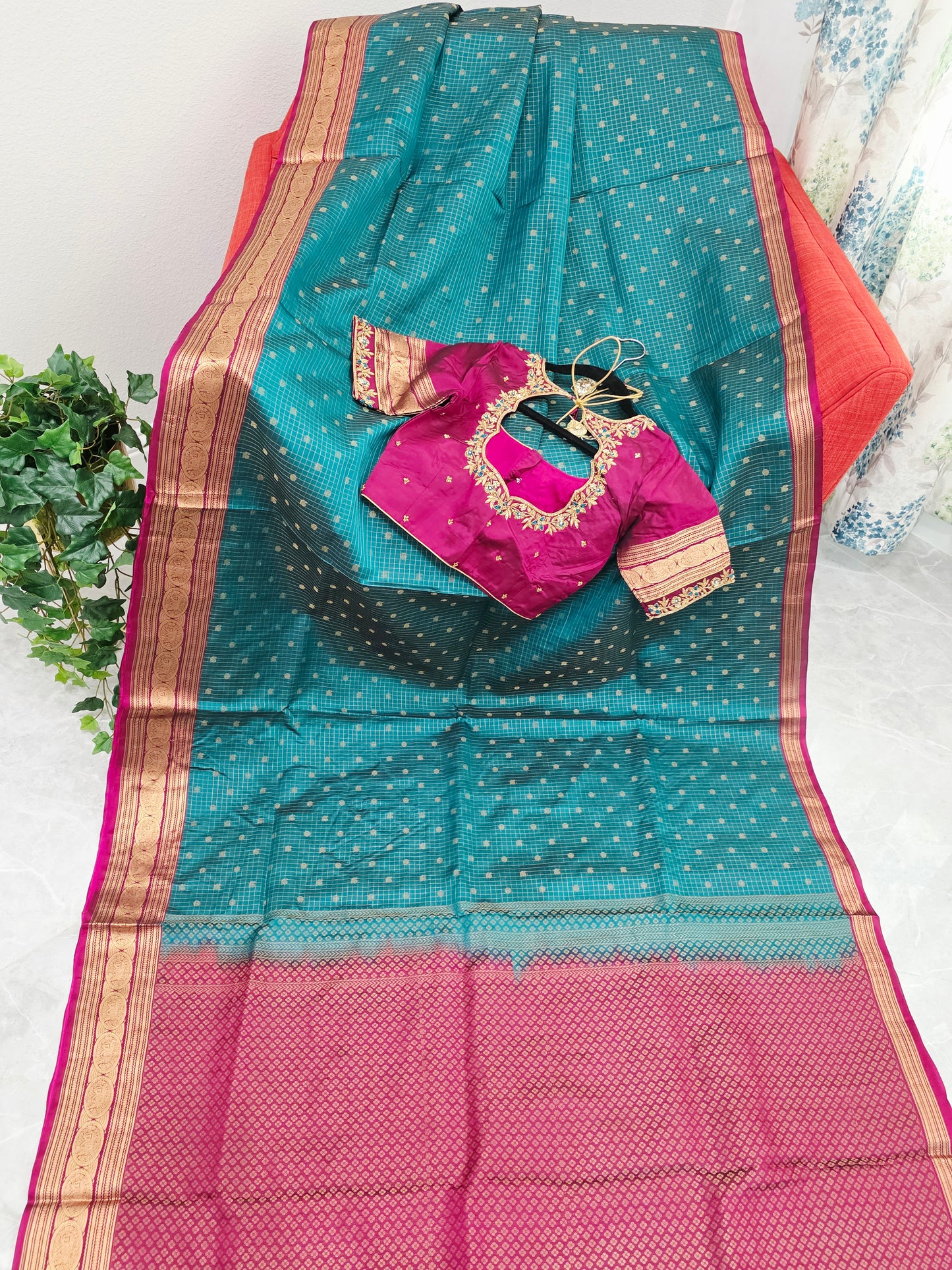 Teal Green Kanchi Soft Silk Saree with Magenta Border & Maggam Blouse