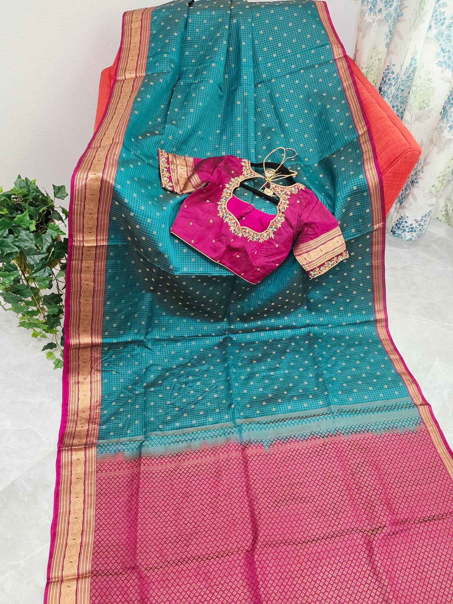 Teal Green Kanchi Soft Silk Saree with Magenta Border & Maggam Blouse