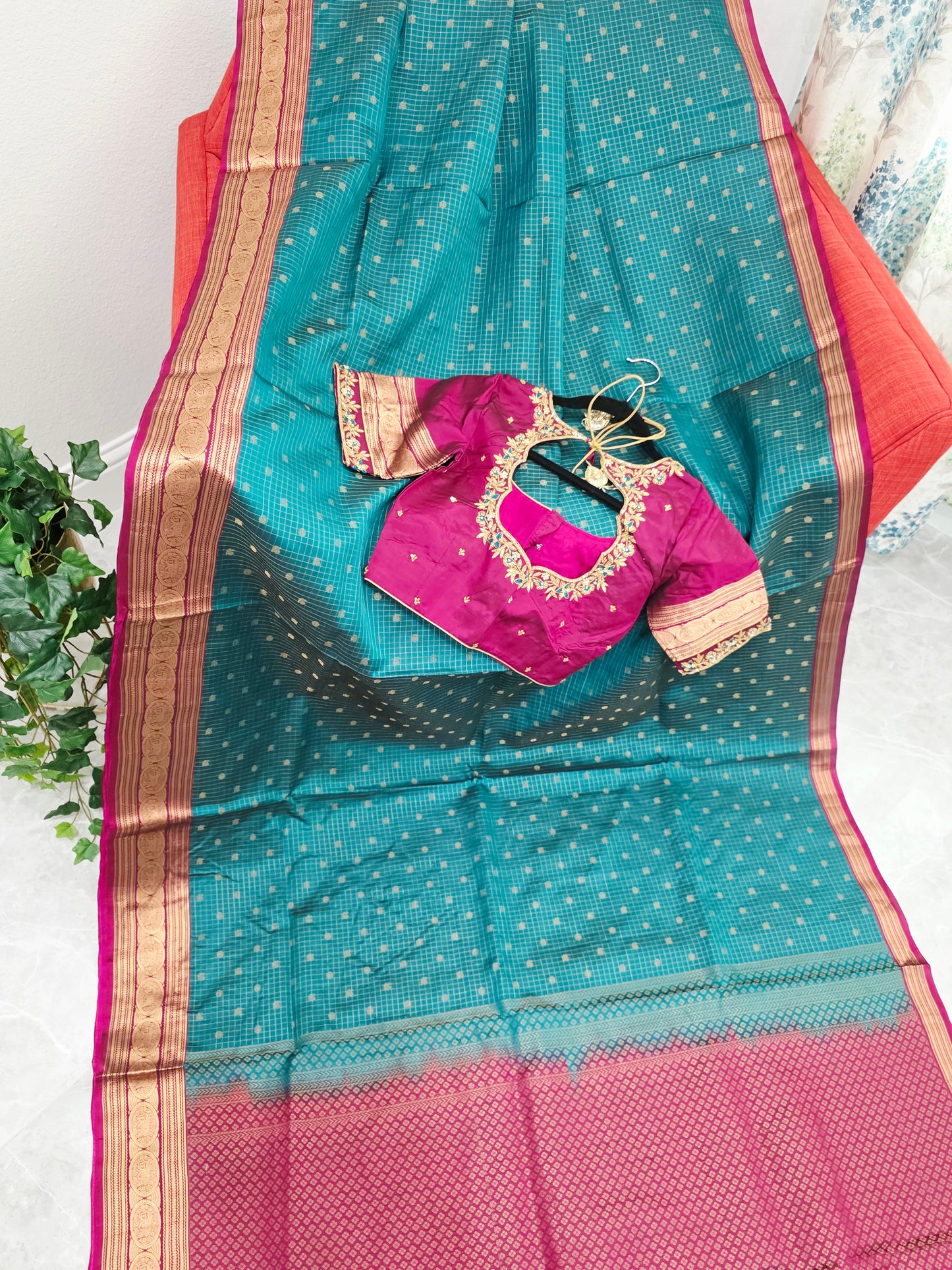 Teal Green Kanchi Soft Silk Saree with Magenta Border & Maggam Blouse