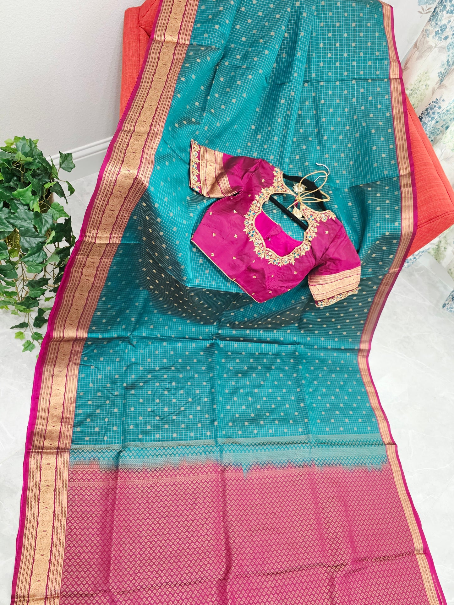 Teal Green Kanchi Soft Silk Saree with Magenta Border & Maggam Blouse
