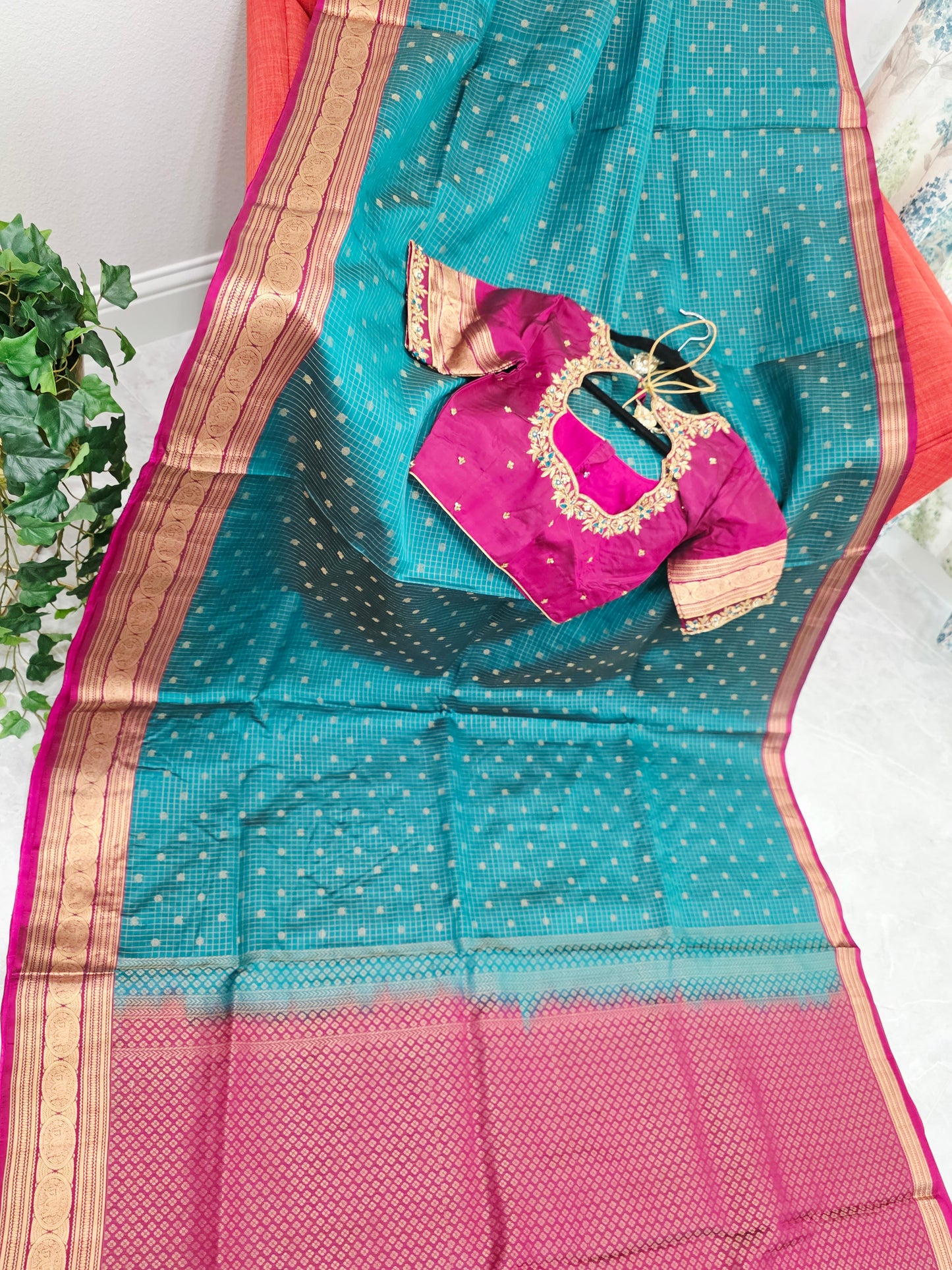 Teal Green Kanchi Soft Silk Saree with Magenta Border & Maggam Blouse
