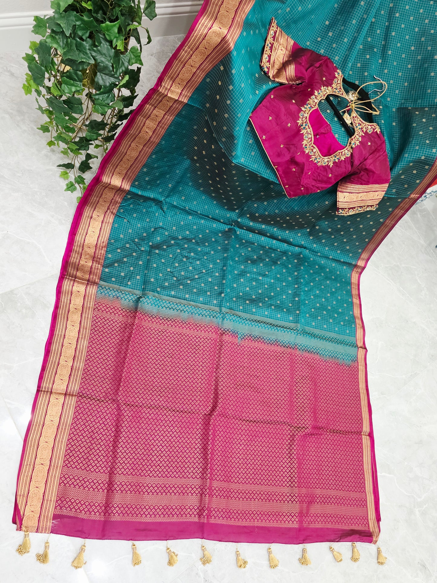 Teal Green Kanchi Soft Silk Saree with Magenta Border & Maggam Blouse