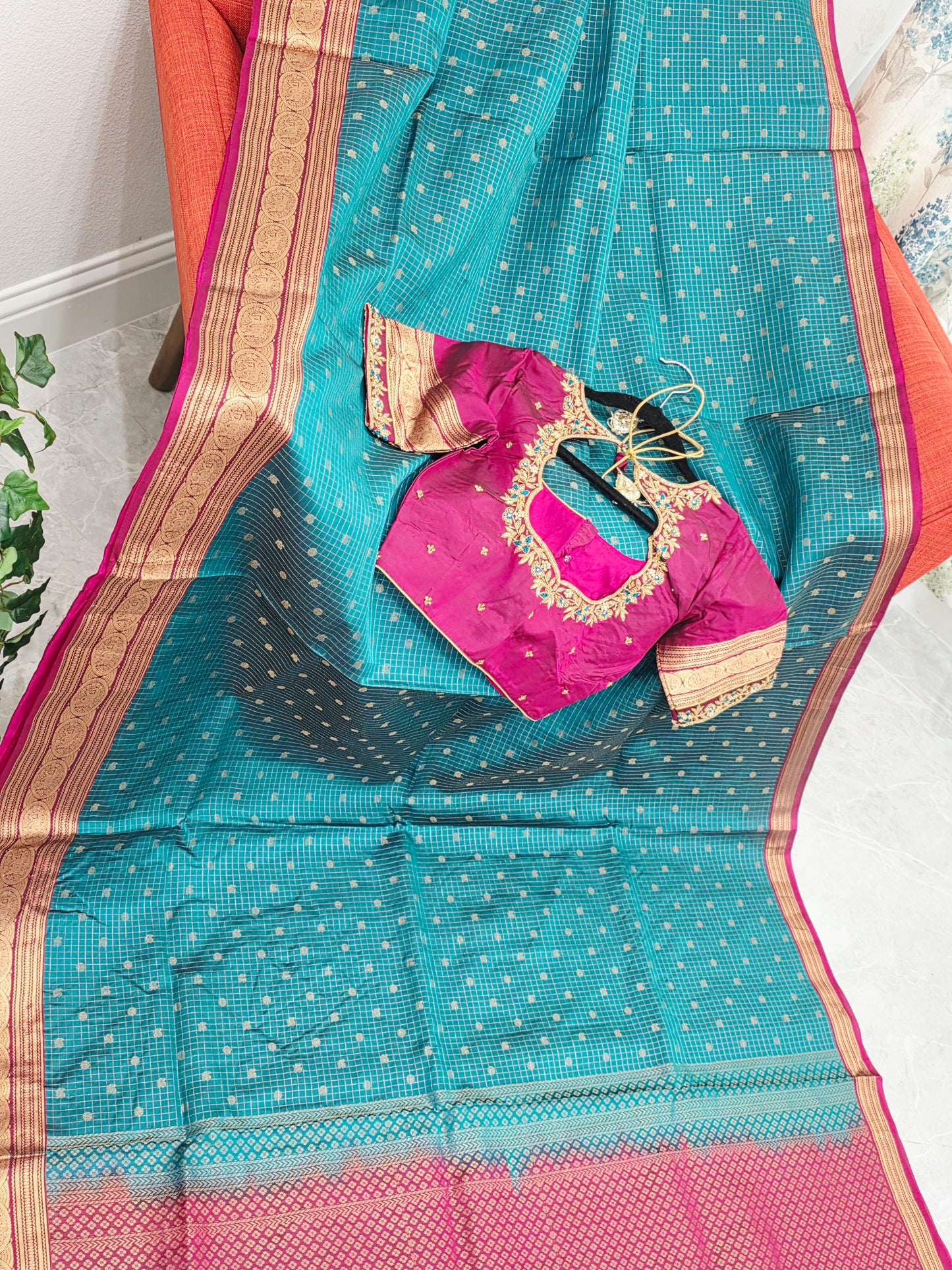 Teal Green Kanchi Soft Silk Saree with Magenta Border & Maggam Blouse