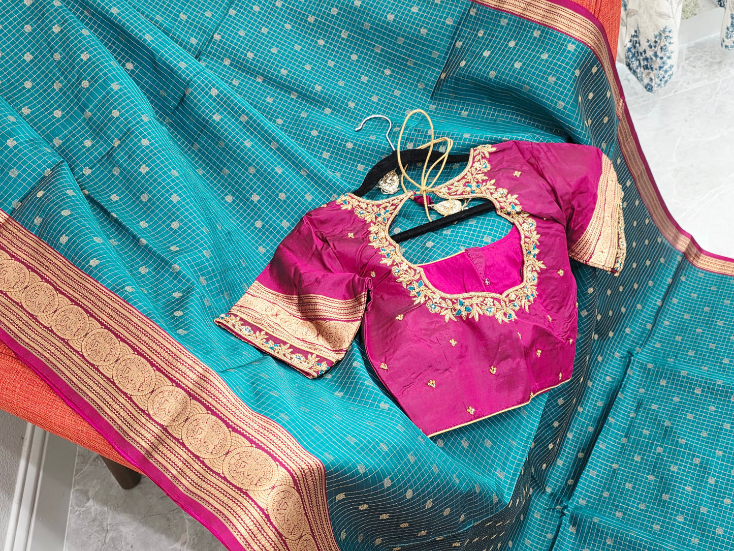 Teal Green Kanchi Soft Silk Saree with Magenta Border & Maggam Blouse