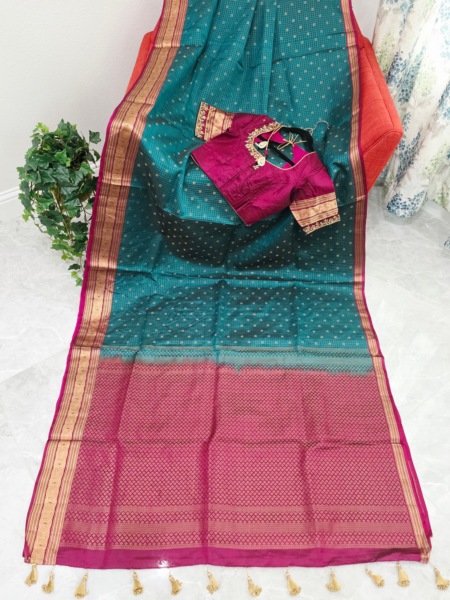 Teal Green Kanchi Soft Silk Saree with Magenta Border & Maggam Blouse