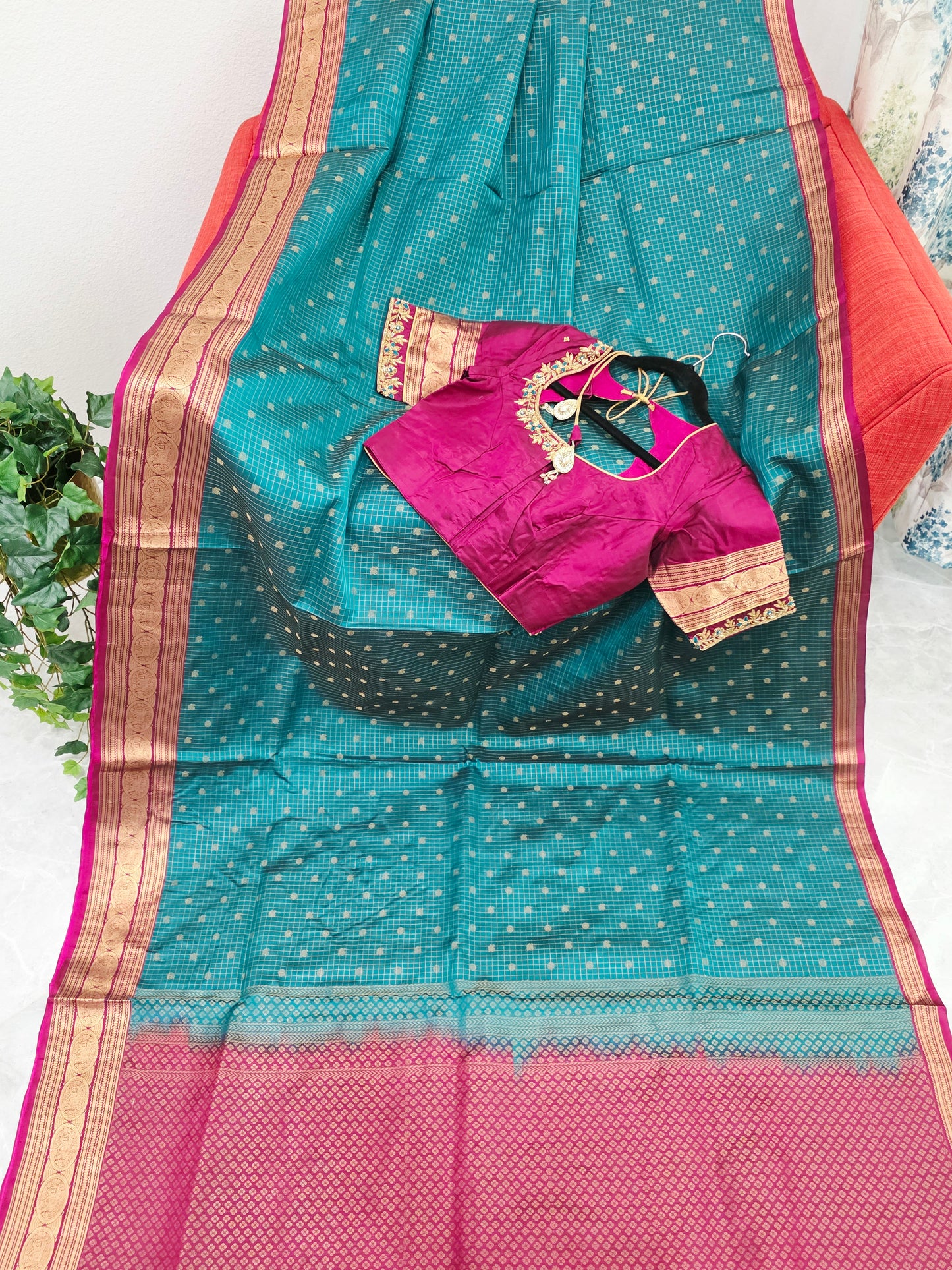 Teal Green Kanchi Soft Silk Saree with Magenta Border & Maggam Blouse