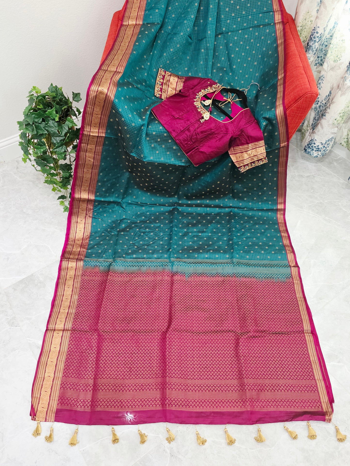 Teal Green Kanchi Soft Silk Saree with Magenta Border & Maggam Blouse