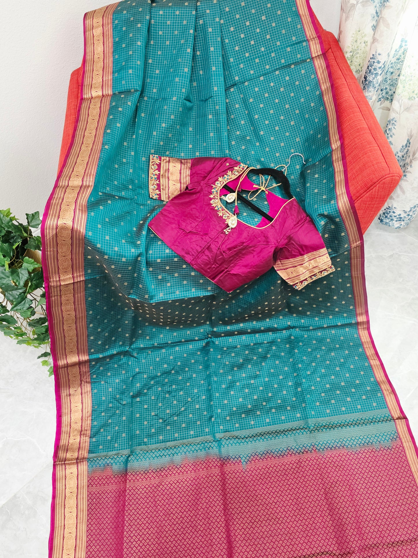 Teal Green Kanchi Soft Silk Saree with Magenta Border & Maggam Blouse
