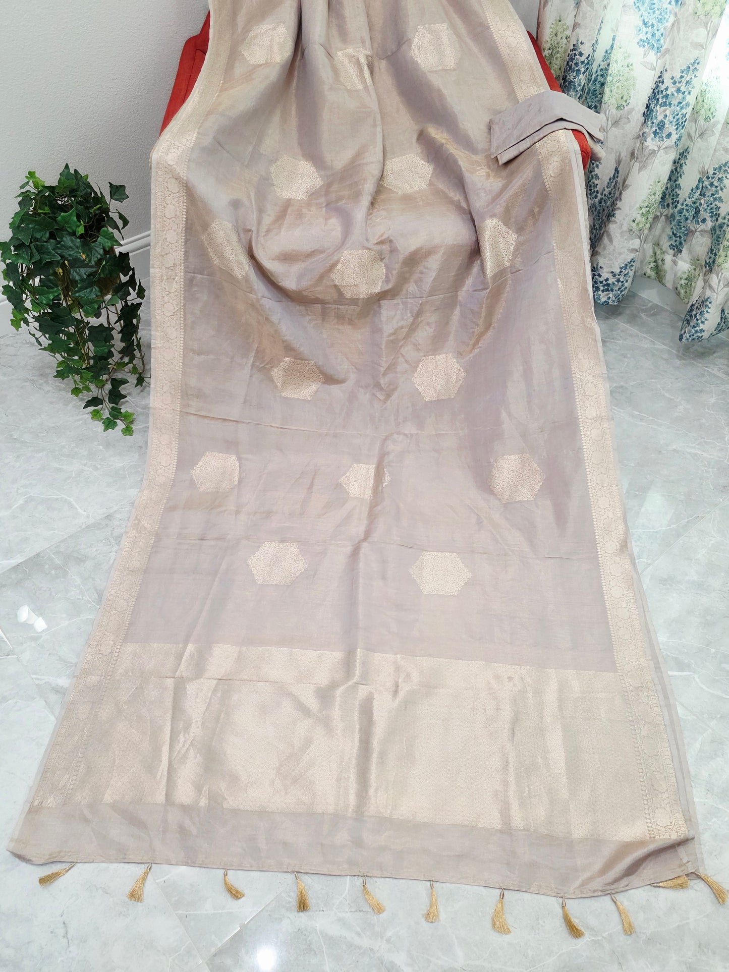 Pastel Champagne Beige Pure Benarasi Tissue Saree with Blouse Piece