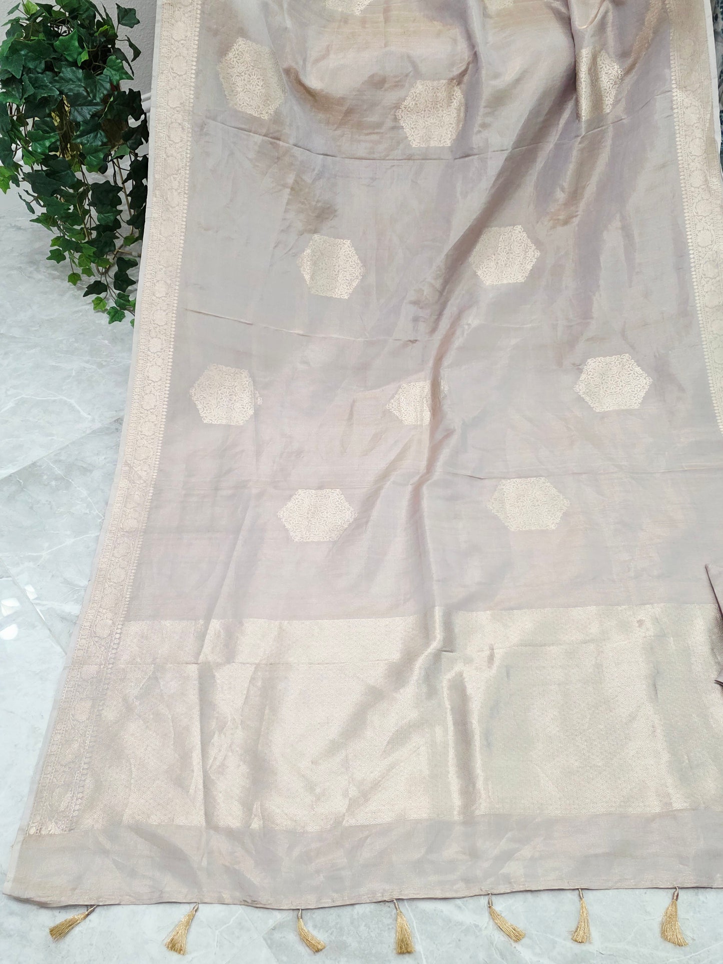 Pastel Champagne Beige Pure Benarasi Tissue Saree with Blouse Piece