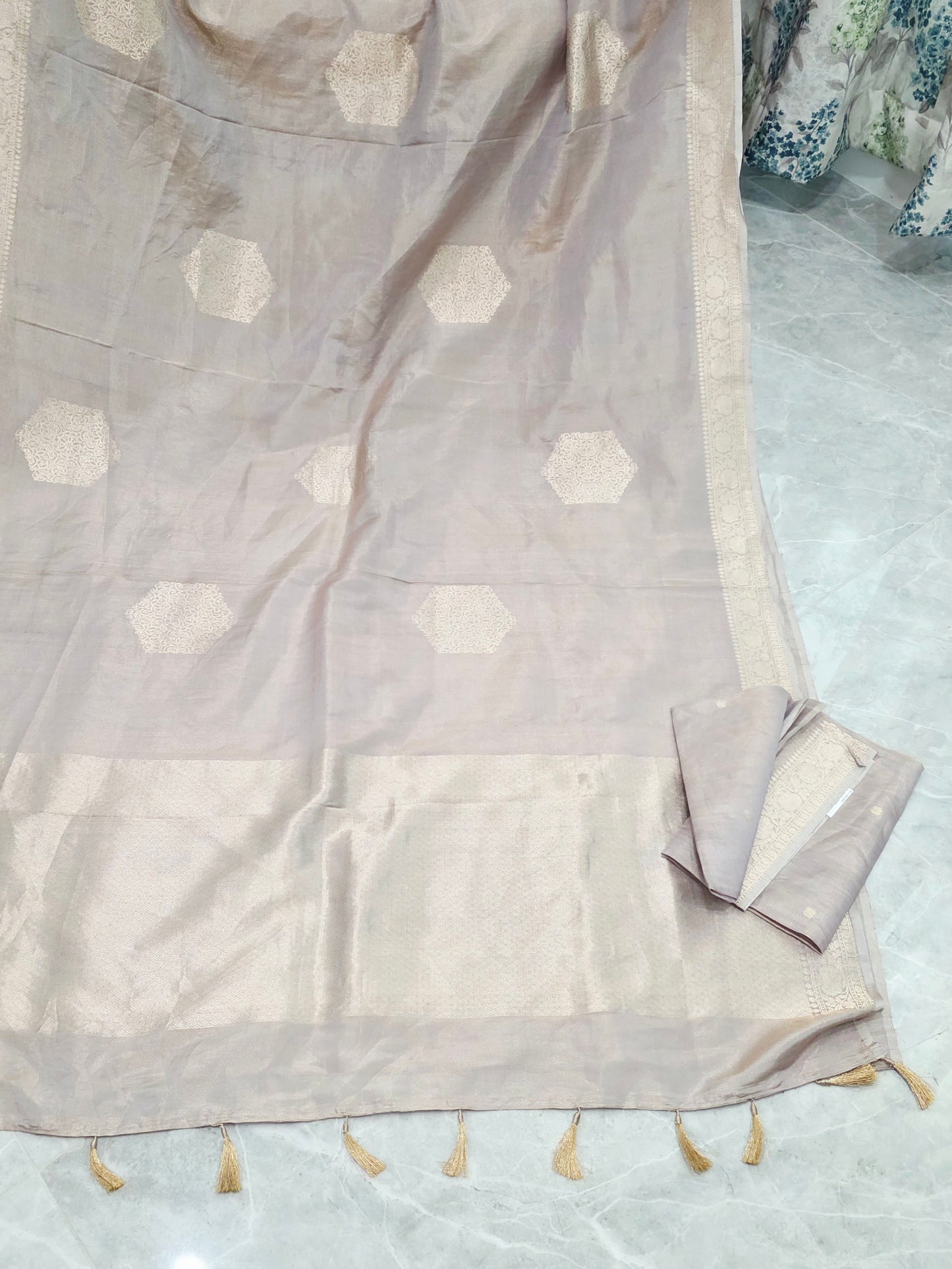 Pastel Champagne Beige Pure Benarasi Tissue Saree with Blouse Piece