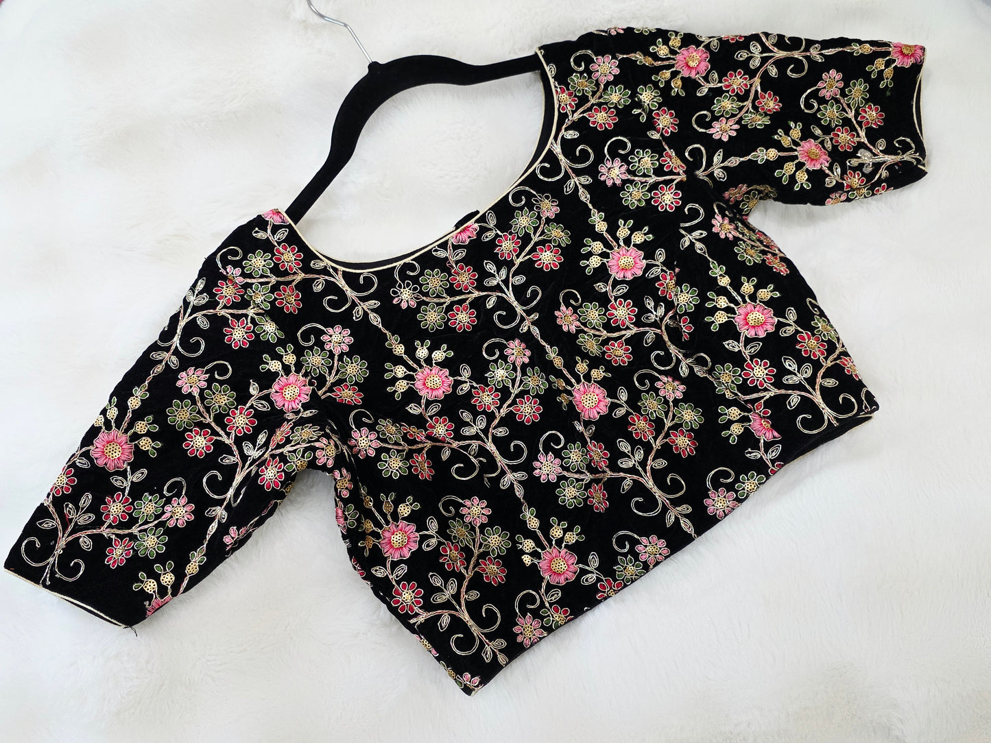 Midnight Black Floral Embroidered Velvet Designer Blouse