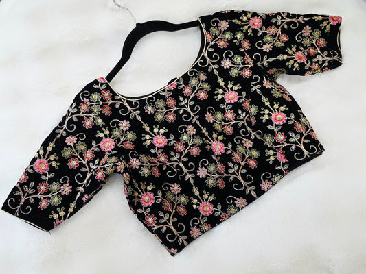 Midnight Black Floral Embroidered Velvet Designer Blouse